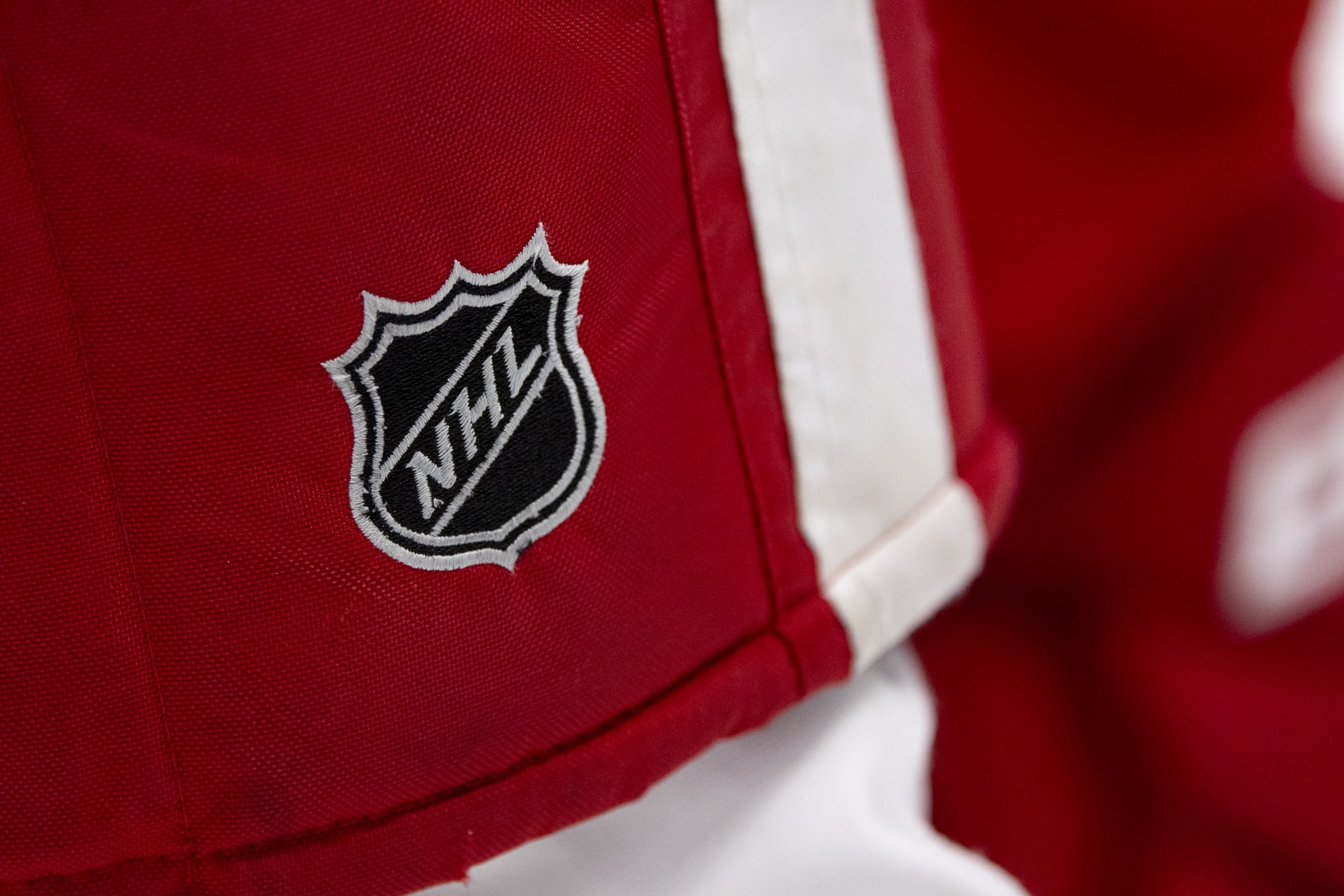 NASHVILLE, TN - MARCH 14:  Detail of an NHL shield logo on the pads of a Detroit Red Wings player during the first period against the Nashville Predators at Bridgestone Arena on March 14, 2023 in Nashville, Tennessee. (Photo by Brett Carlsen/Getty Images)