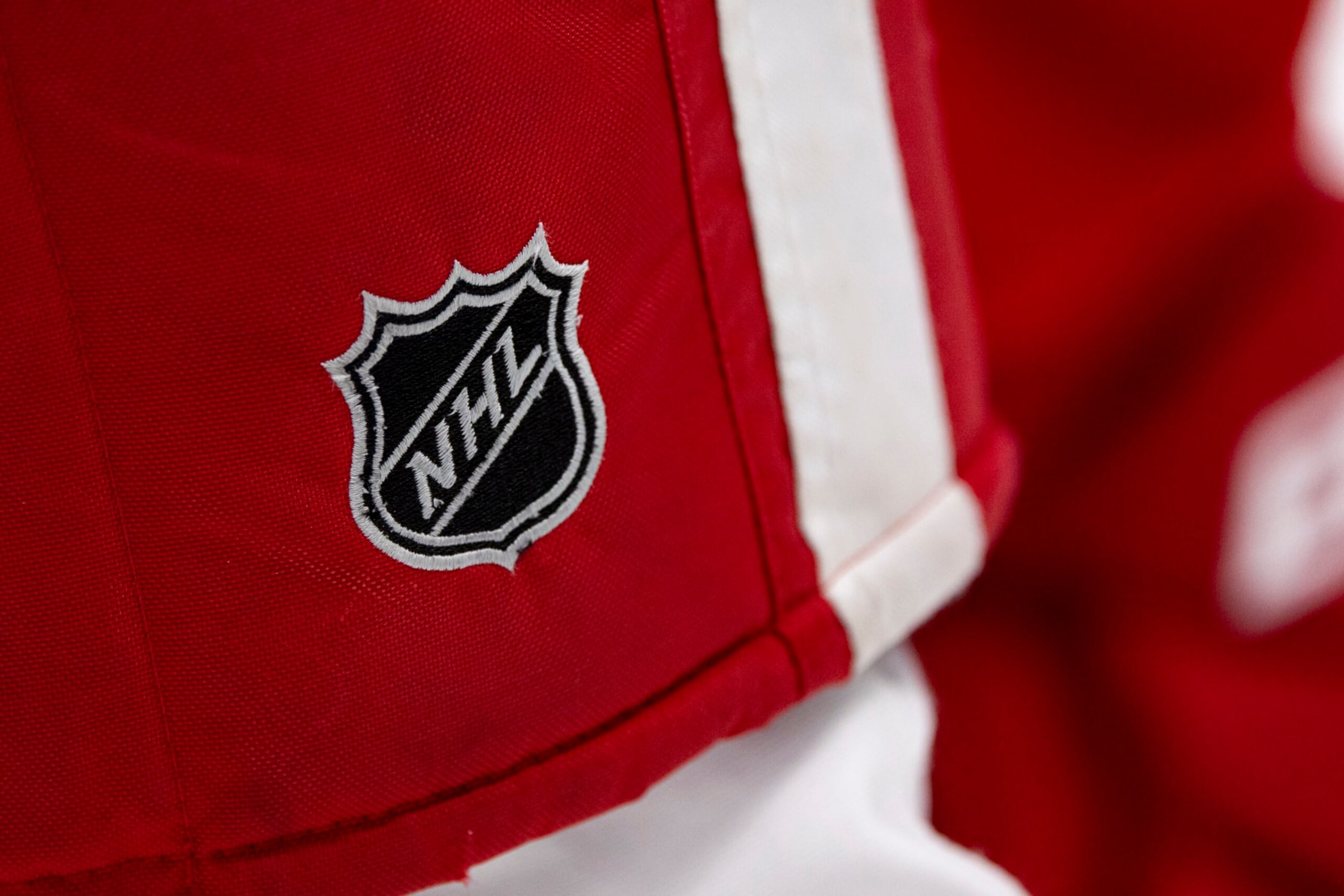 NASHVILLE, TN - MARCH 14:  Detail of an NHL shield logo on the pads of a Detroit Red Wings player during the first period against the Nashville Predators at Bridgestone Arena on March 14, 2023 in Nashville, Tennessee. (Photo by Brett Carlsen/Getty Images)