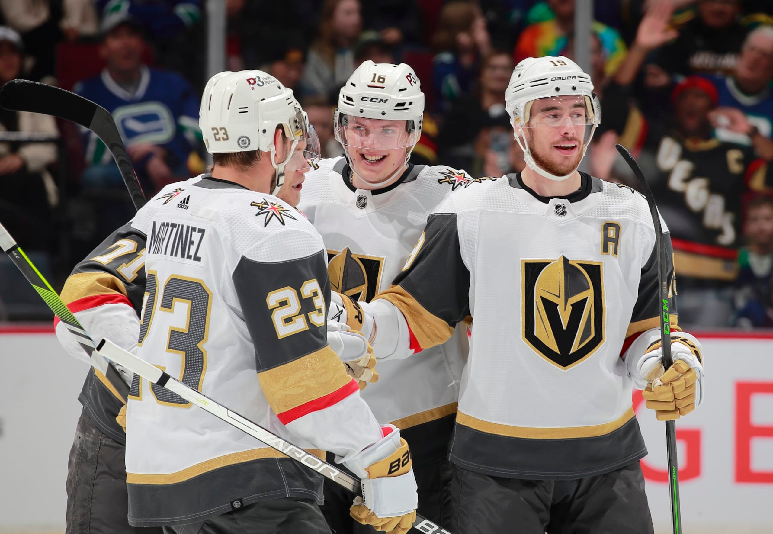 VANCOUVER, CANADA - MARCH 21: Reilly Smith #19 of the Vegas Golden Knights celebrates his goal with his teammates during the first period of their NHL game against the Vancouver Canucks at Rogers Arena March 21, 2023 in Vancouver, British Columbia, Canada.  (Photo by Jeff Vinnick/NHLI via Getty Images)