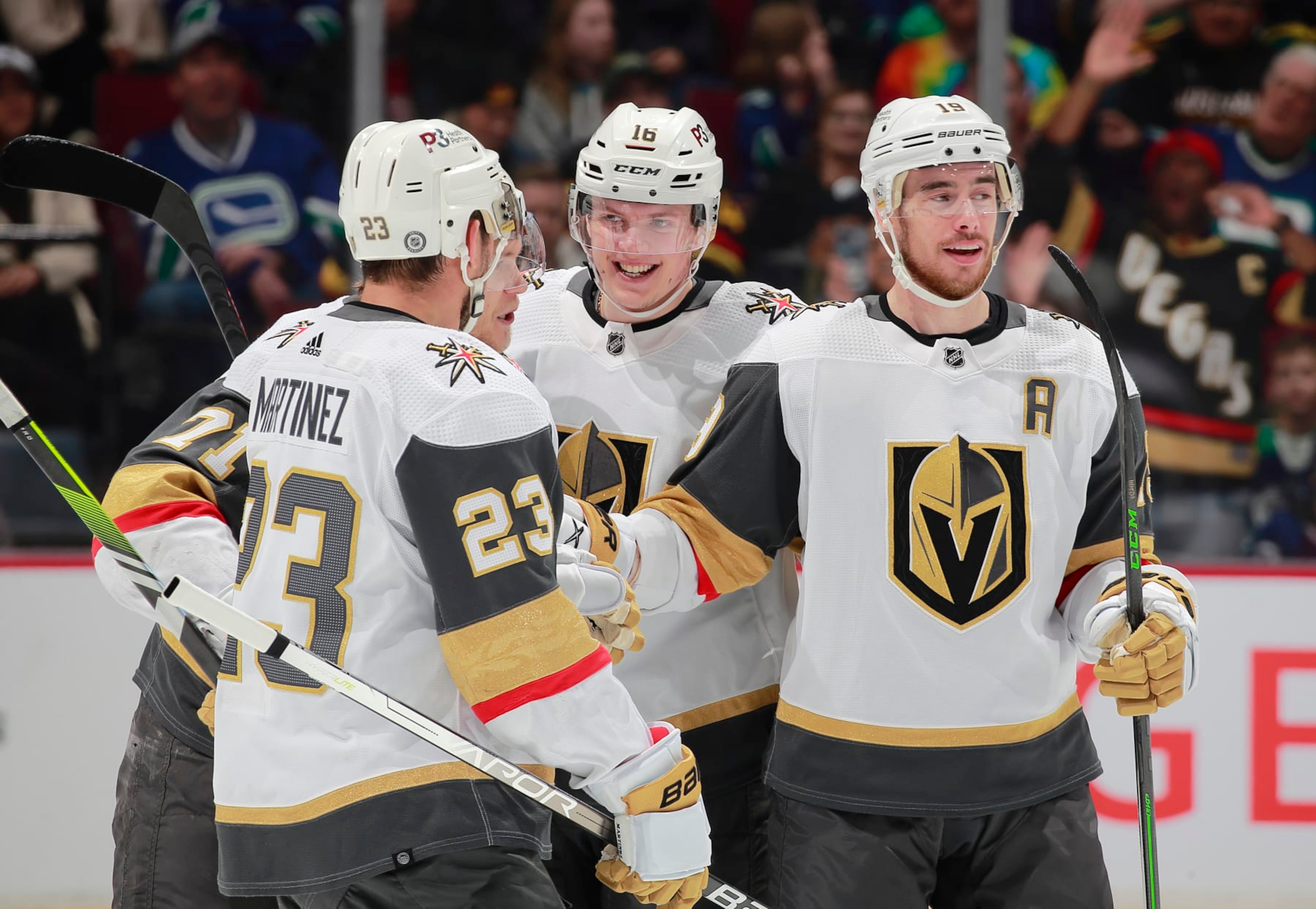 VANCOUVER, CANADA - MARCH 21: Reilly Smith #19 of the Vegas Golden Knights celebrates his goal with his teammates during the first period of their NHL game against the Vancouver Canucks at Rogers Arena March 21, 2023 in Vancouver, British Columbia, Canada.  (Photo by Jeff Vinnick/NHLI via Getty Images)