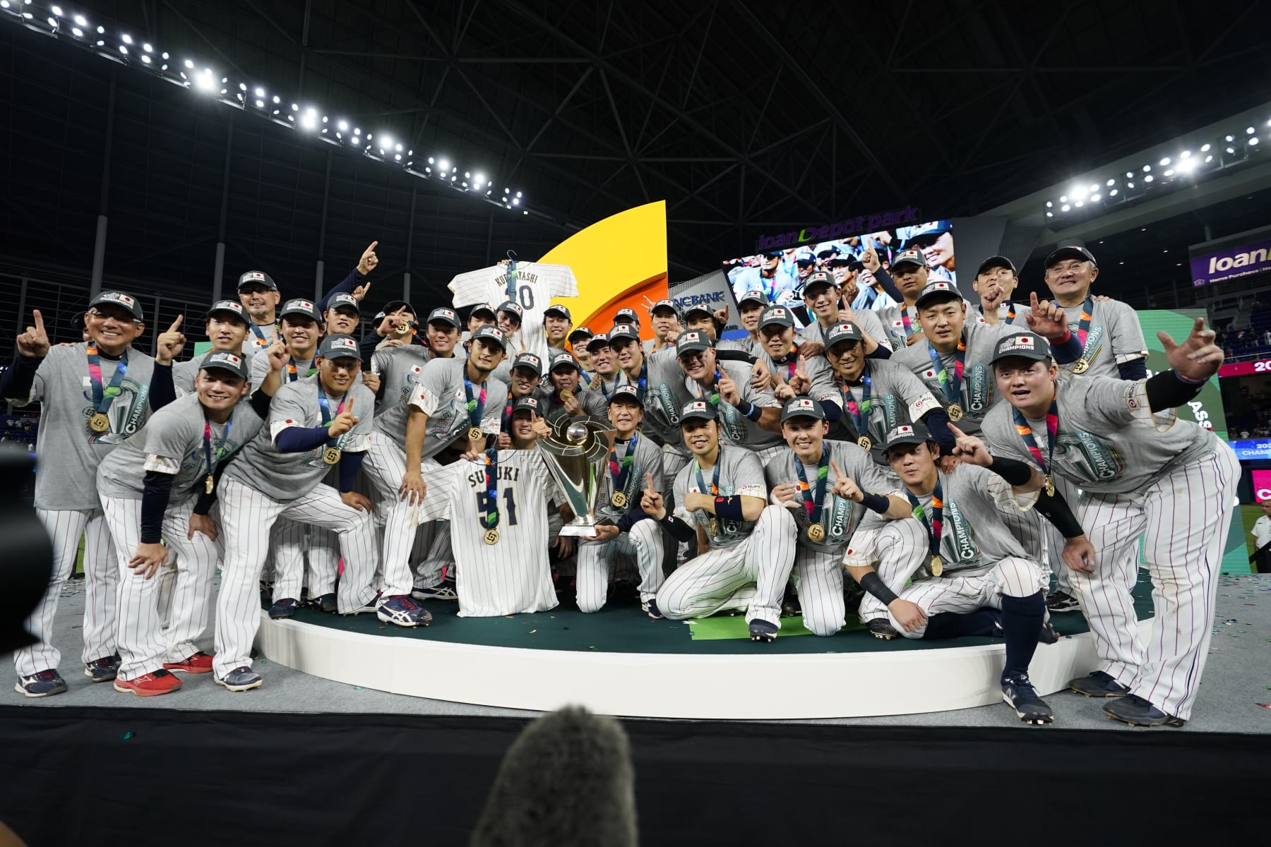 Japan players celebrate after defeating the United States in the World Baseball Classic championship game, Tuesday, March 21, 2023, in Miami. (AP Photo/Wilfredo Lee)