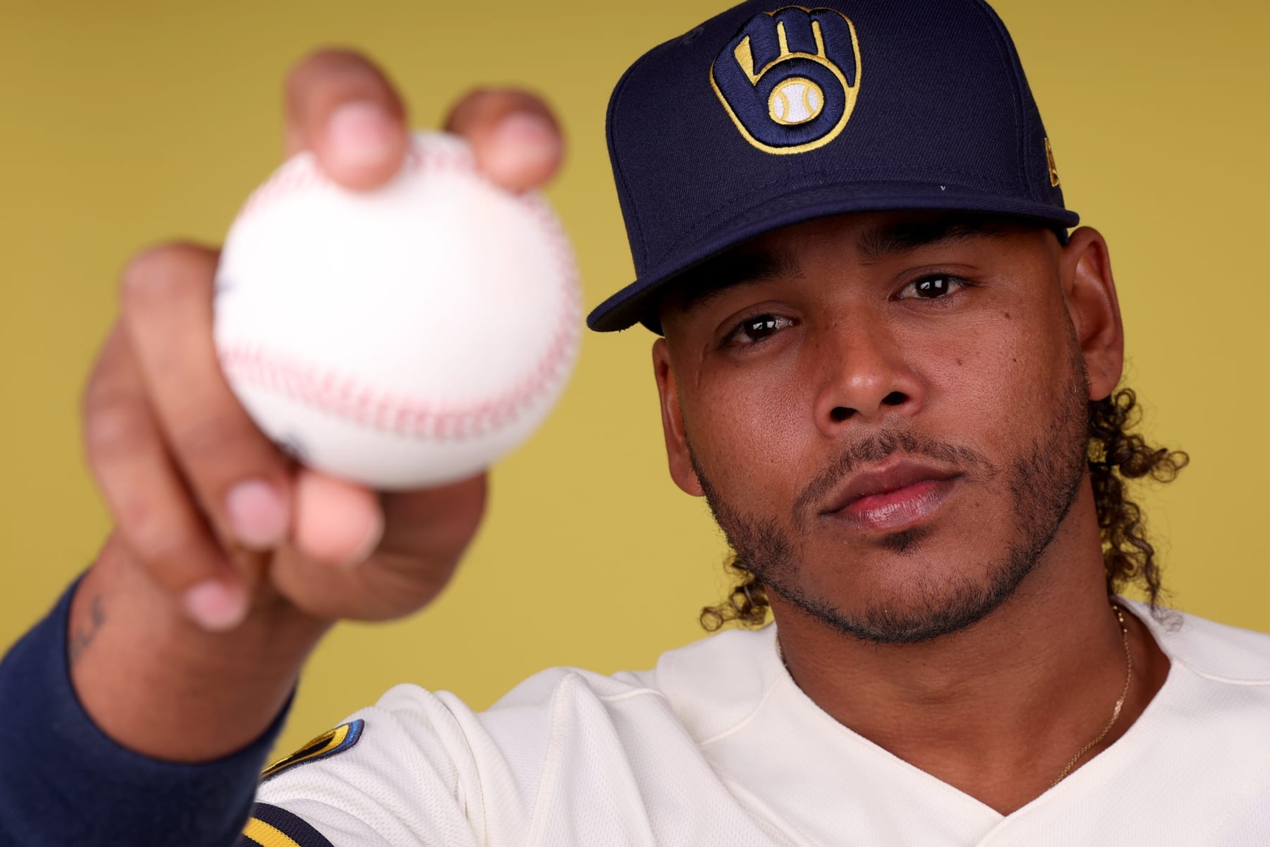 PHOENIX, ARIZONA - FEBRUARY 22: Freddy Peralta #51 of the Milwaukee Brewers poses for a portrait during photo day at American Family Fields of Phoenix on February 22, 2023 in Phoenix, Arizona. (Photo by Steph Chambers/Getty Images)