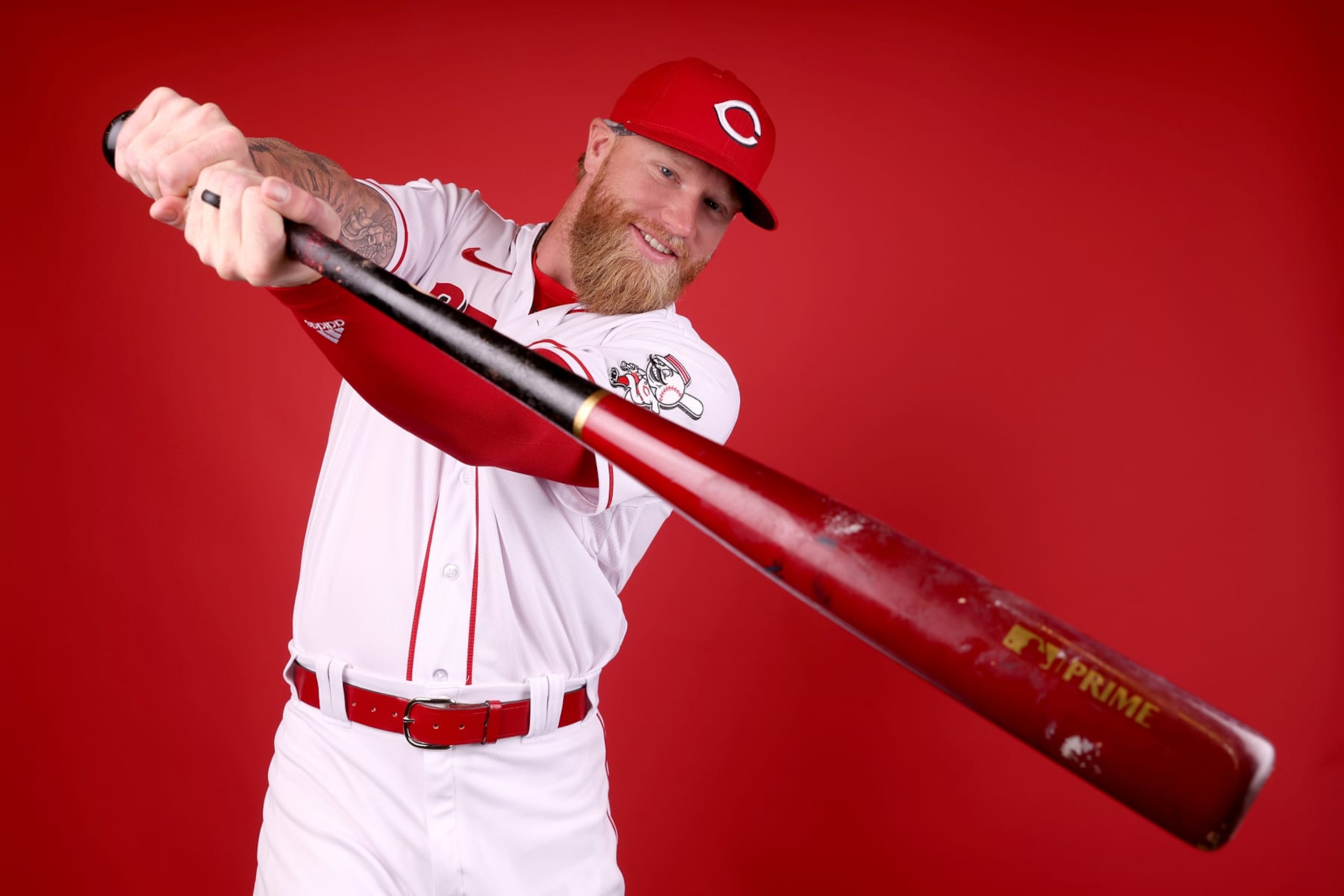 GOODYEAR, ARIZONA - FEBRUARY 21: Jake Fraley #27 of the Cincinnati Reds poses for a portrait during photo day at Goodyear Ballpark on February 21, 2023 in Goodyear, Arizona. (Photo by Steph Chambers/Getty Images)