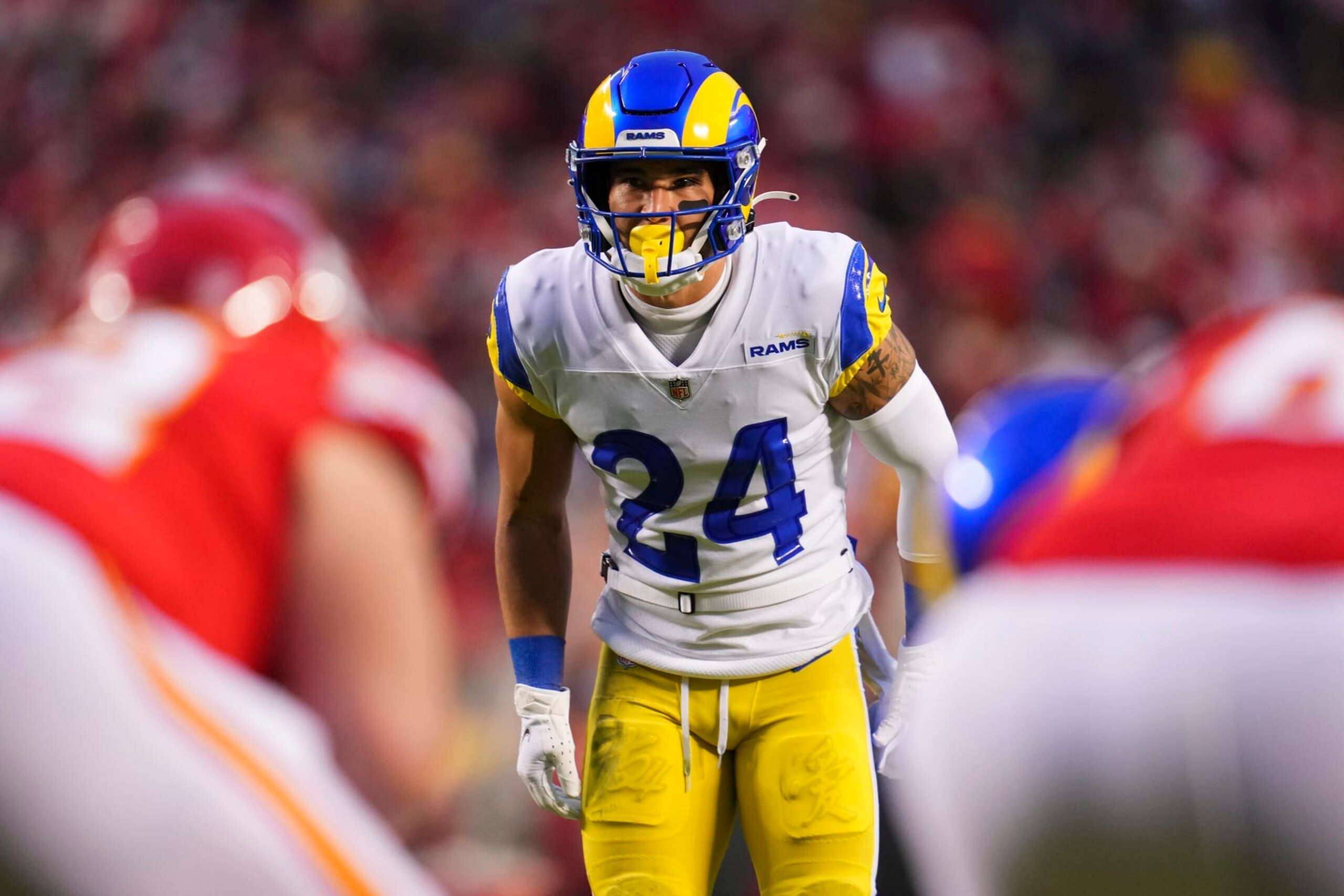 KANSAS CITY, MO - NOVEMBER 27: Taylor Rapp #24 of the Los Angeles Rams gets set against the Kansas City Chiefs at GEHA Field at Arrowhead Stadium on November 27, 2022 in Kansas City, Missouri. (Photo by Cooper Neill/Getty Images)