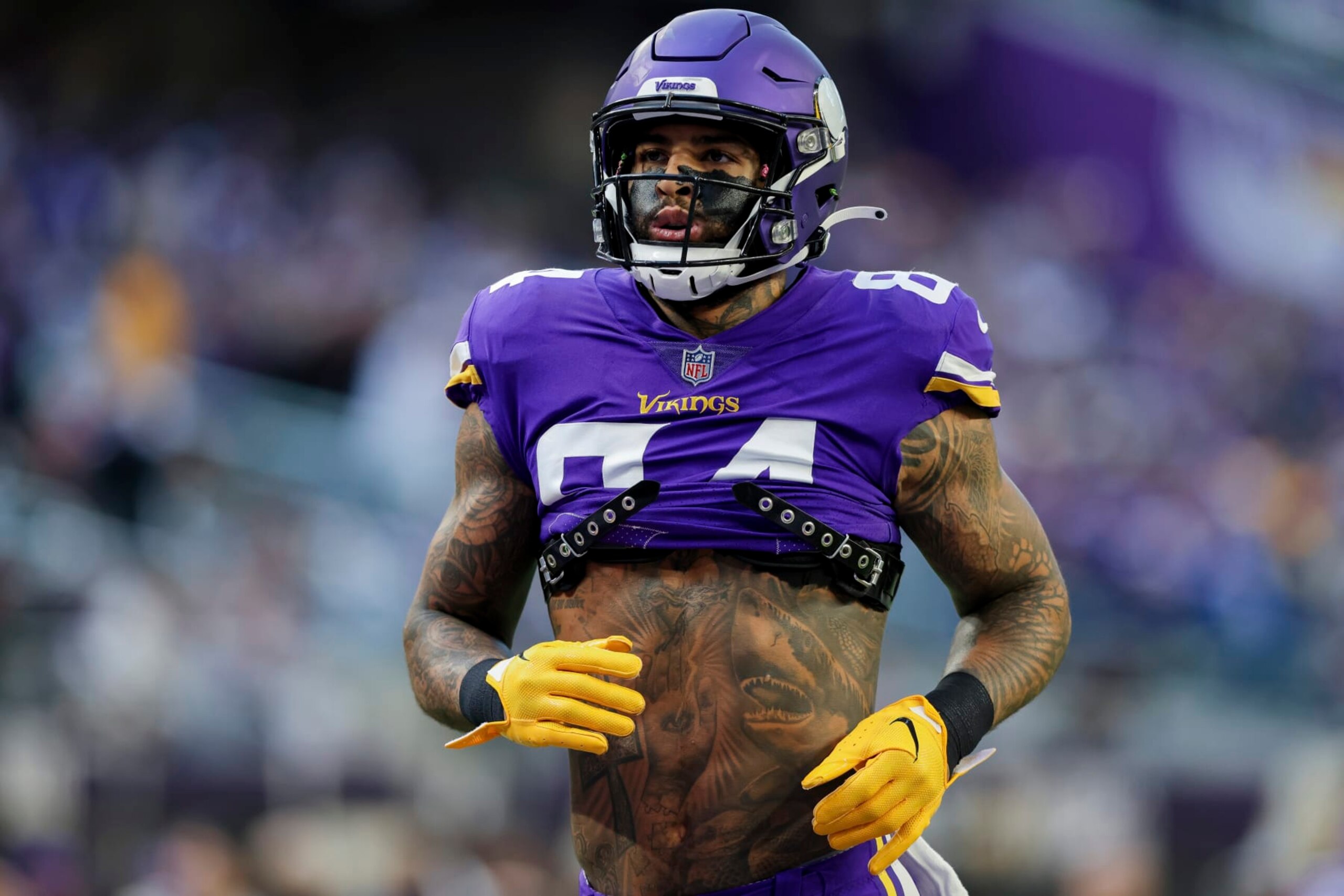 Minnesota Vikings tight end Irv Smith Jr. (84) warms up before an NFL wild-card football game against the New York Giants, Sunday, Jan. 15, 2023 in Minneapolis. (AP Photo/Stacy Bengs)
