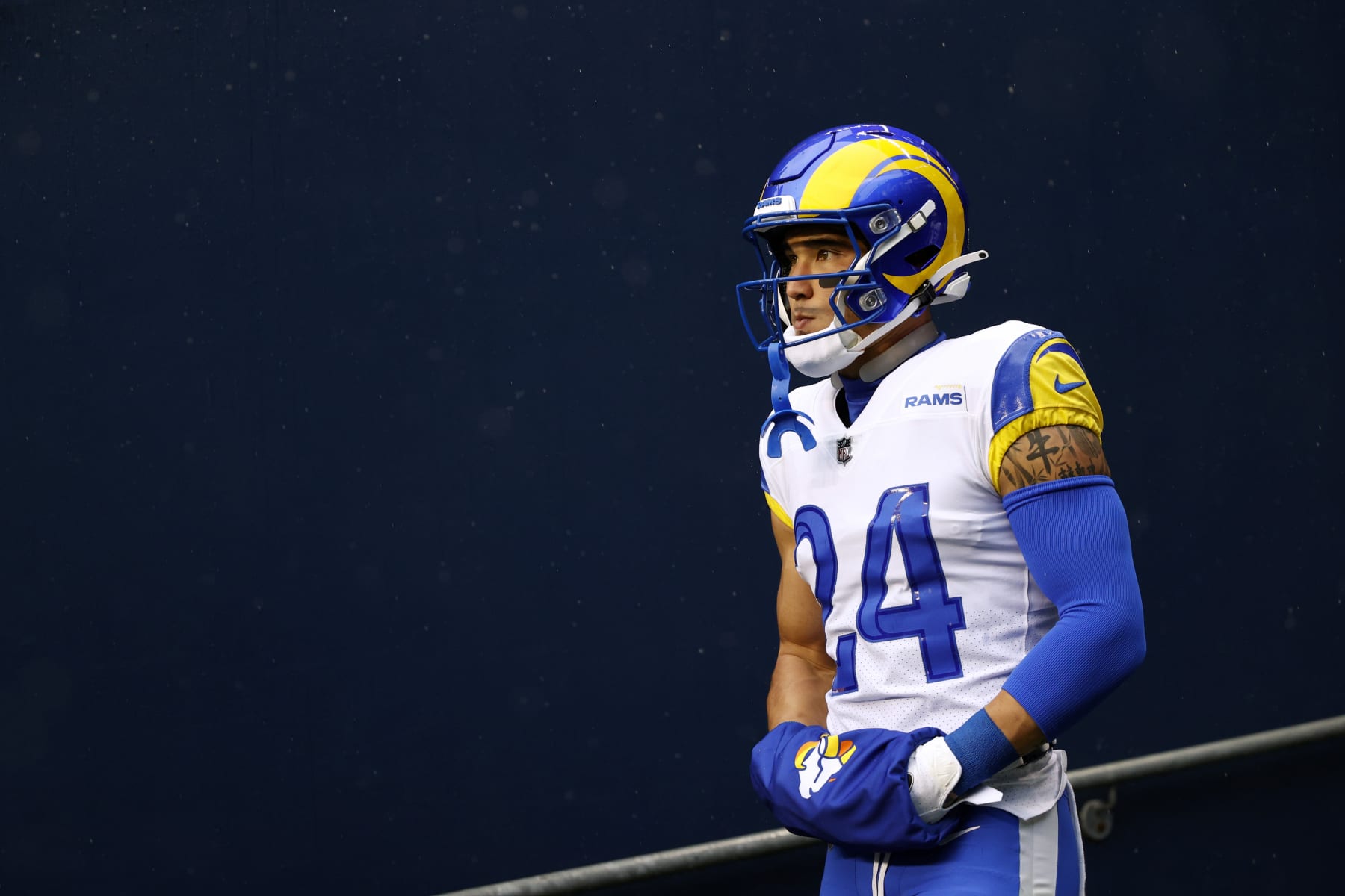 SEATTLE, WASHINGTON - JANUARY 08: Taylor Rapp #24 of the Los Angeles Rams takes the field prior to the game against the Seattle Seahawks at Lumen Field on January 08, 2023 in Seattle, Washington. (Photo by Steph Chambers/Getty Images)