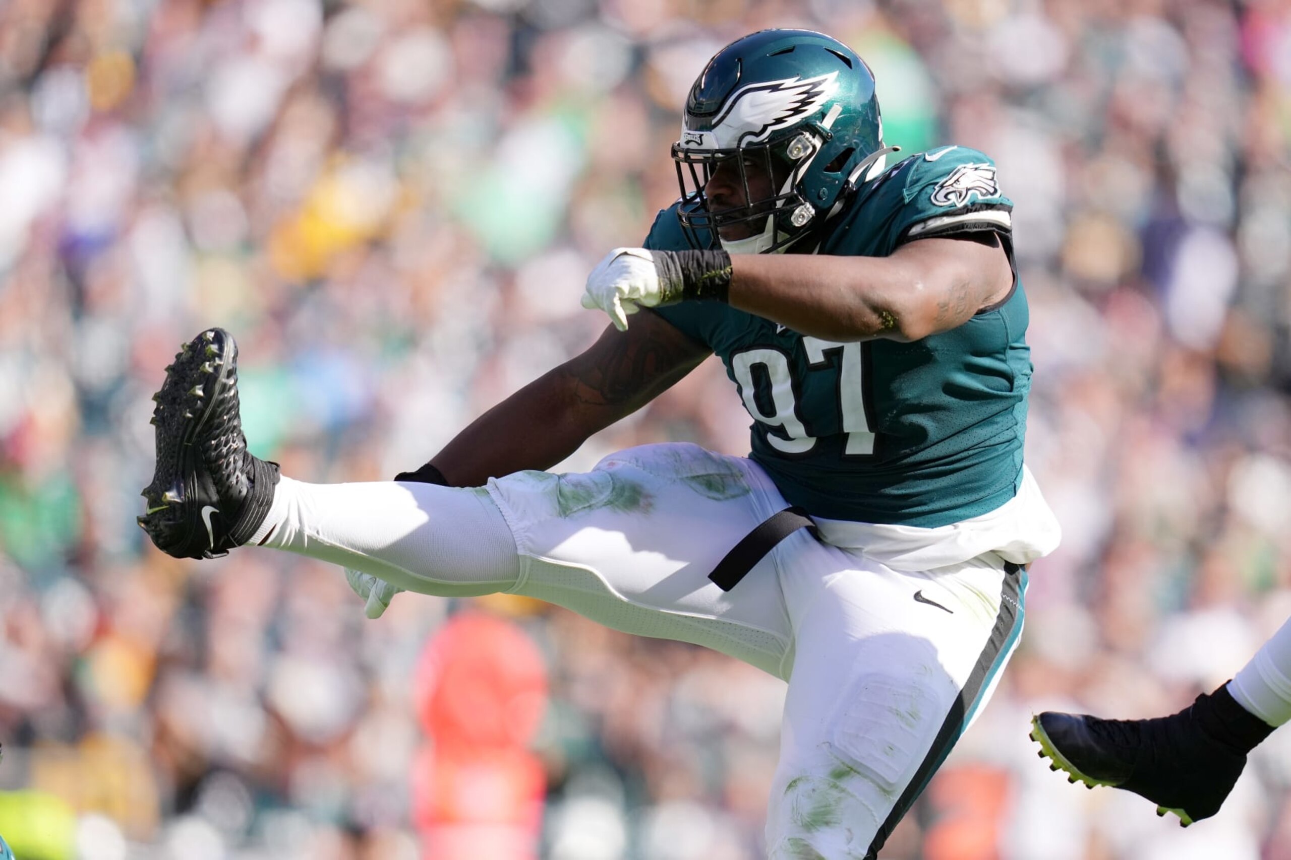 PHILADELPHIA, PENNSYLVANIA - OCTOBER 30: Javon Hargrave #97 of the Philadelphia Eagles reacts after a sack in the second quarter of a game against the Pittsburgh Steelers at Lincoln Financial Field on October 30, 2022 in Philadelphia, Pennsylvania. (Photo by Mitchell Leff/Getty Images)