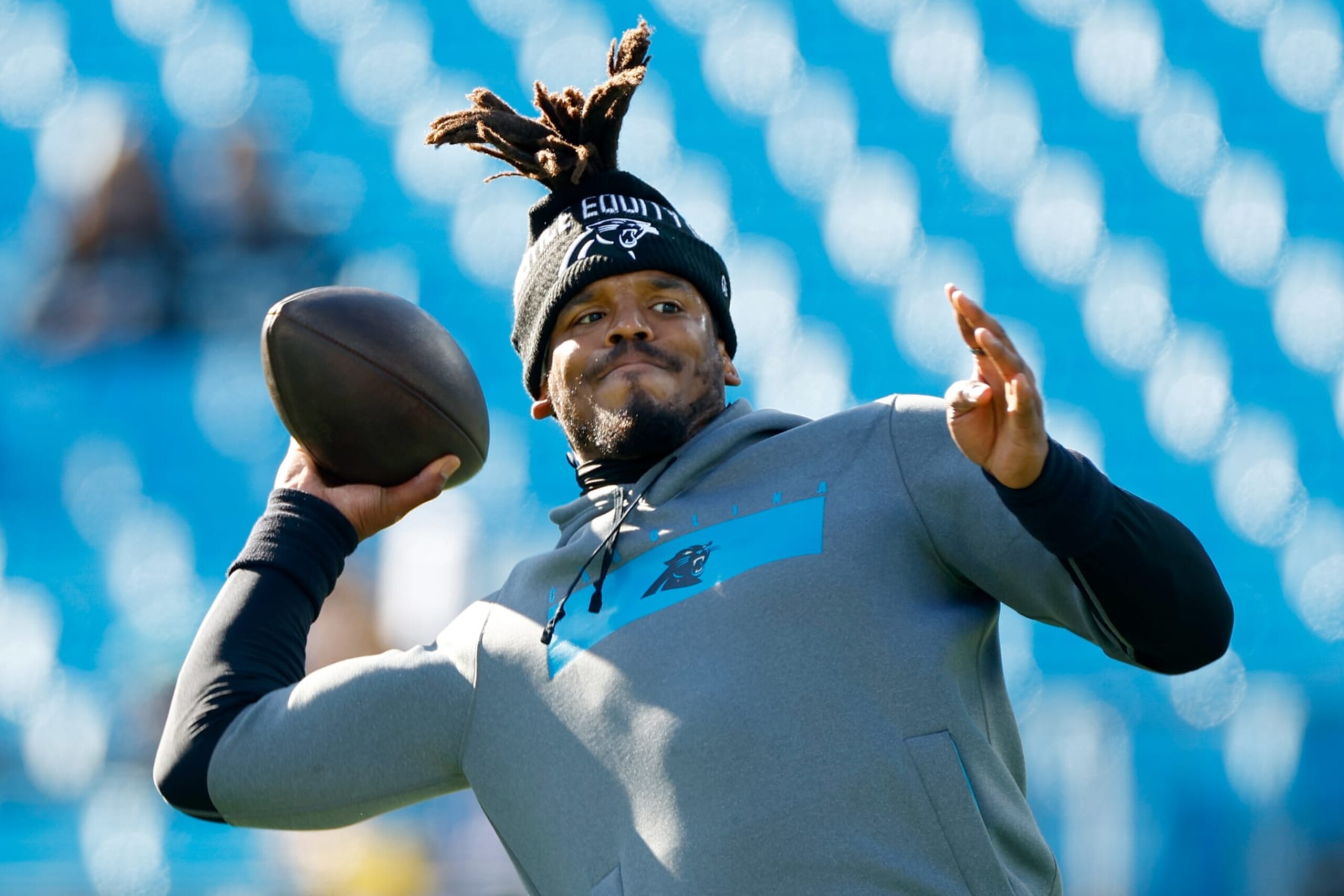 CHARLOTTE, NORTH CAROLINA - DECEMBER 26: Cam Newton #1 of the Carolina Panthers warms up before the game atb at Bank of America Stadium on December 26, 2021 in Charlotte, North Carolina. (Photo by Jared C. Tilton/Getty Images)