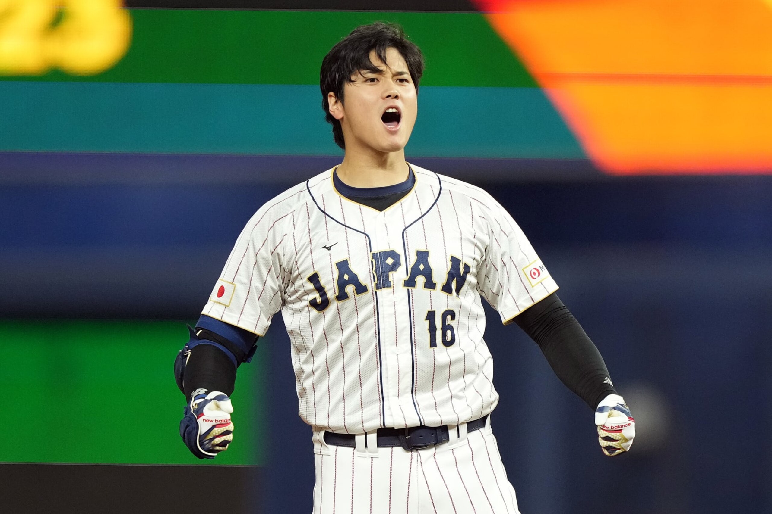 MIAMI, FLORIDA - MARCH 20: Shohei Ohtani #16 of Team Japan celebrates at second base after hitting a double in the ninth inning against Team Mexico during the World Baseball Classic Semifinals at loanDepot park on March 20, 2023 in Miami, Florida. (Photo by Eric Espada/Getty Images)