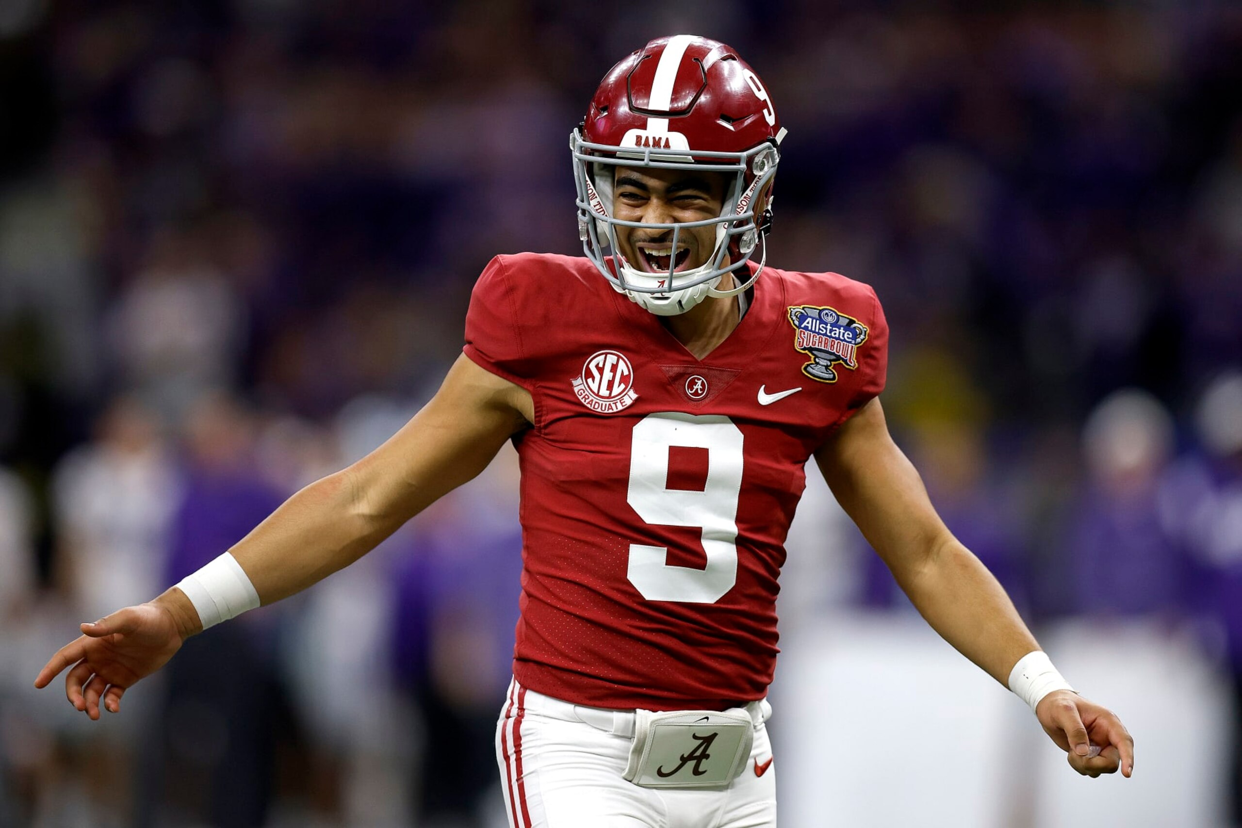 NEW ORLEANS, LOUISIANA - DECEMBER 31: Bryce Young #9 of the Alabama Crimson Tide reacts after throwing a touchdown pass during the fourth quarter of the Allstate Sugar Bowl against the Kansas State Wildcats at Caesars Superdome on December 31, 2022 in New Orleans, Louisiana. (Photo by Sean Gardner/Getty Images)