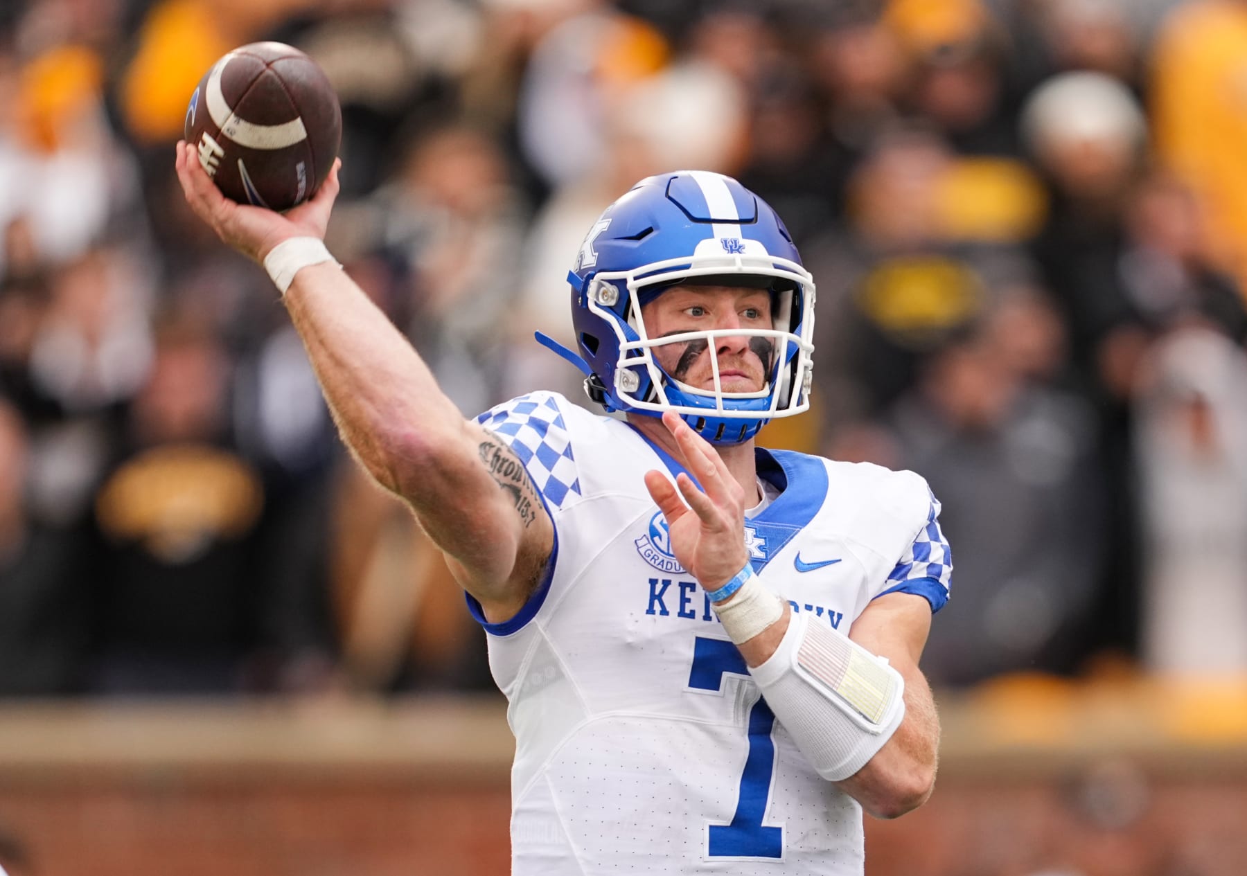 COLUMBIA, MO - NOVEMBER 05: Will Levis #7 of the Kentucky Wildcats throws a pass during the first half against the Missouri Tigers at Faurot Field/Memorial Stadium on November 5, 2022 in Columbia, Missouri. (Photo by Jay Biggerstaff/Getty Images)
