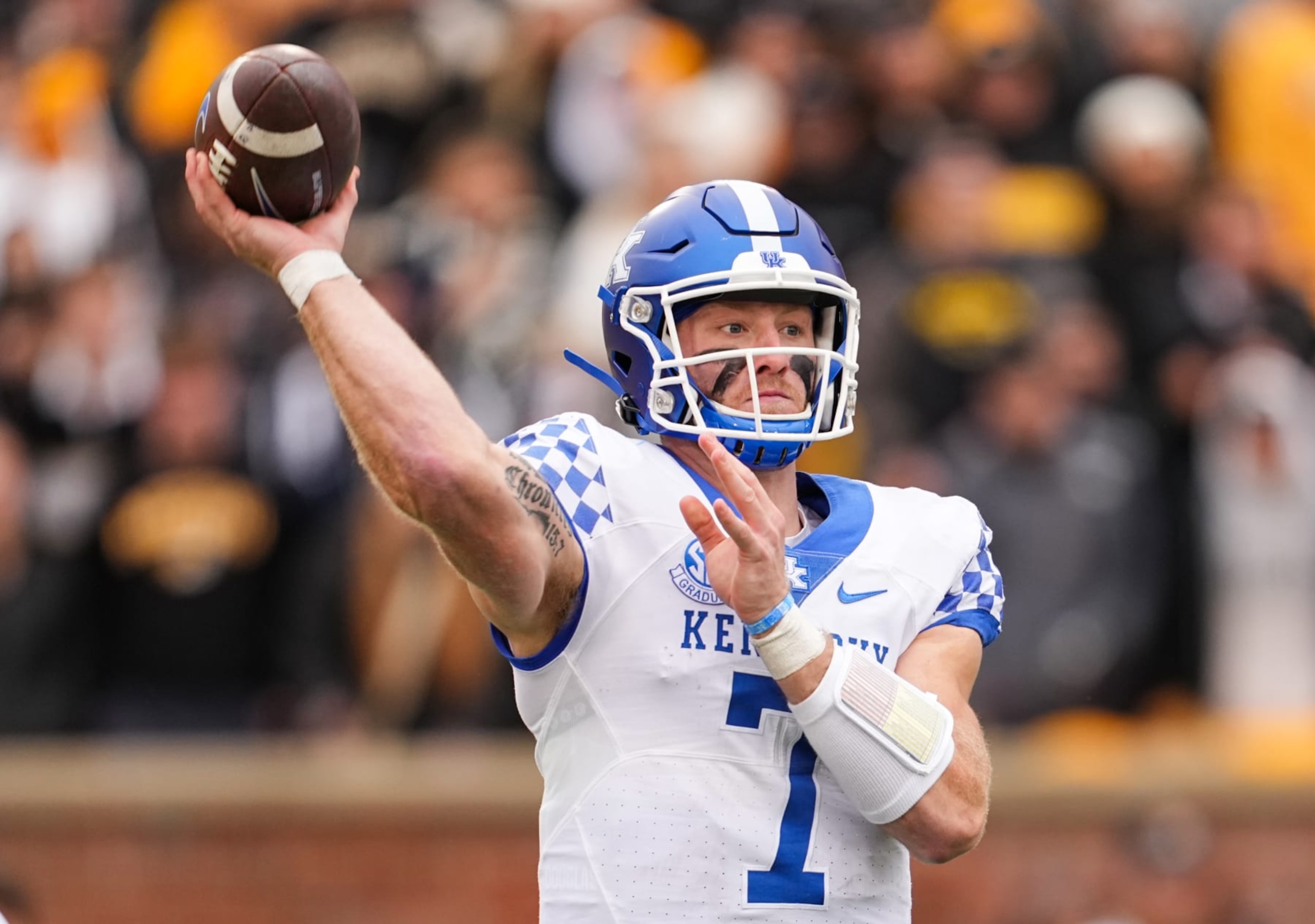 COLUMBIA, MO - NOVEMBER 05: Will Levis #7 of the Kentucky Wildcats throws a pass during the first half against the Missouri Tigers at Faurot Field/Memorial Stadium on November 5, 2022 in Columbia, Missouri. (Photo by Jay Biggerstaff/Getty Images)