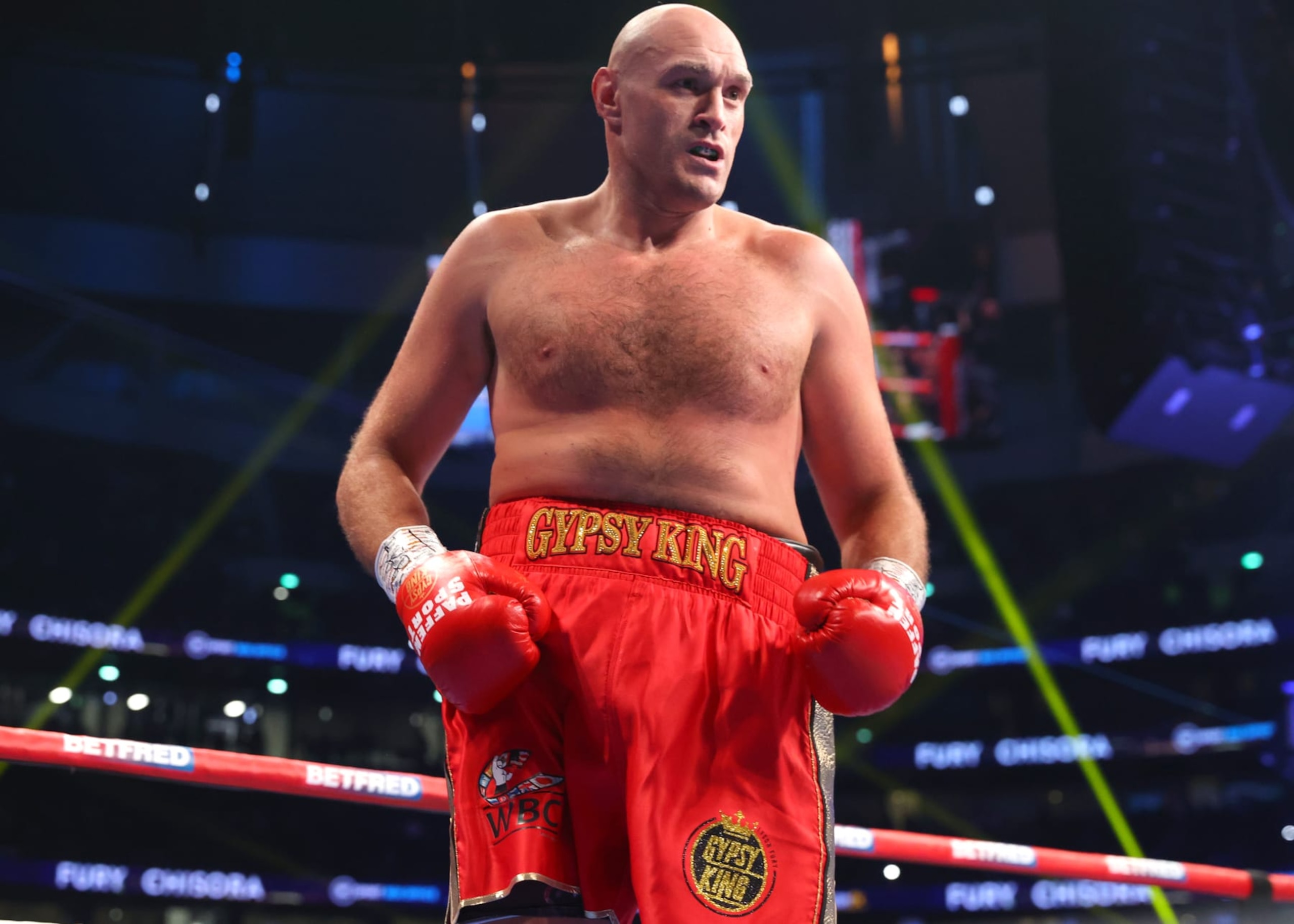 LONDON, ENGLAND - DECEMBER 03: Tyson Fury inside the ring before his WBC heavyweight championship fight with Derek Chisora, at Tottenham Hotspur Stadium on December 03, 2022 in London, England. (Photo by Mikey Williams/Top Rank Inc via Getty Images)