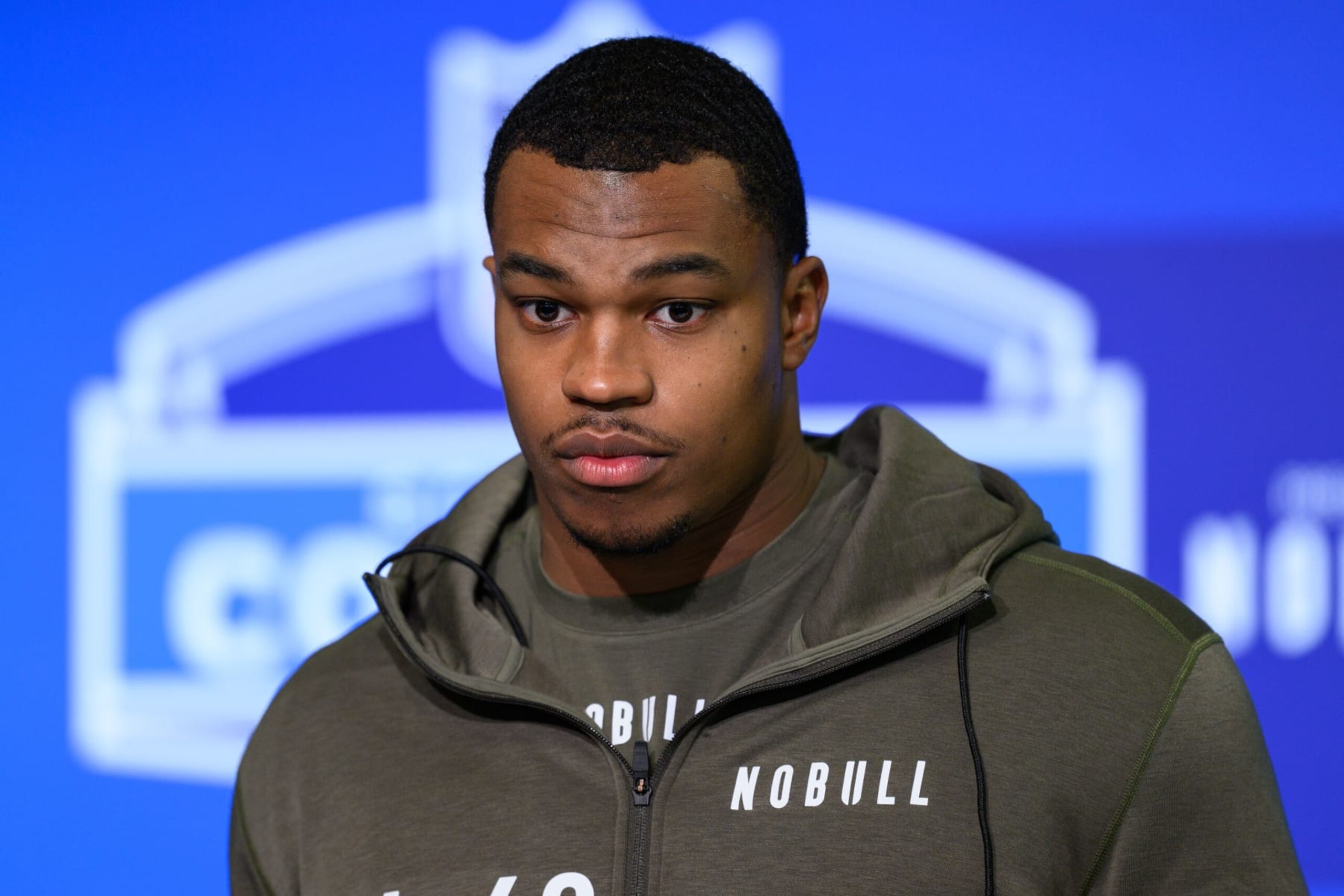 INDIANAPOLIS, IN - MARCH 01: Texas Tech defensive lineman Tyree Wilson answers questions from the media during the NFL Scouting Combine on March 1, 2023, at the Indiana Convention Center in Indianapolis, IN. (Photo by Zach Bolinger/Icon Sportswire via Getty Images)