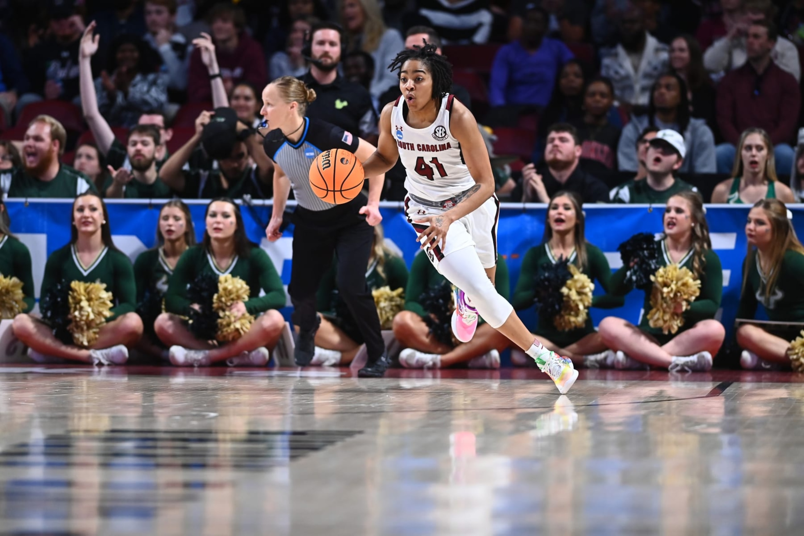 COLUMBIA, SC - MARCH 19: Kierra Fletcher #41 of the South Carolina Gamecocks dribbles the ball up the court during the second round of the 2023 NCAA Women's Basketball Tournament held at Colonial Life Arena on March 19, 2023 in Columbia, South Carolina. (Photo by Tim Cowie/NCAA Photos via Getty Images)