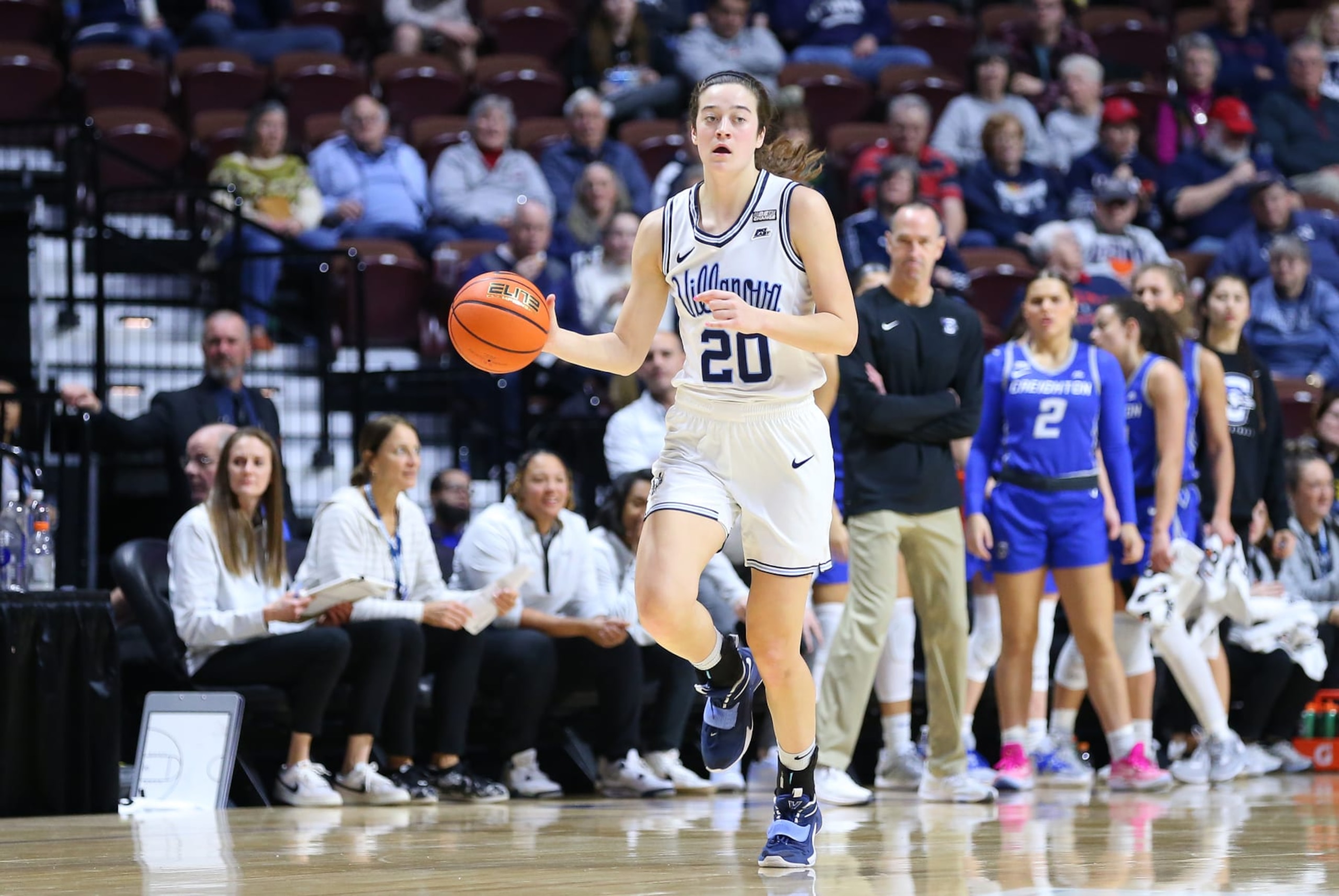 UNCASVILLE, CT - MARCH 05: Villanova Wildcats forward Maddy Siegrist (20) in action during the Big East Women's Basketball Tournament game between Creighton Bluejays and Villanova Wildcats on March 5, 2023, at Mohegan Sun Arena in Uncasville, CT. (Photo by M. Anthony Nesmith/Icon Sportswire via Getty Images)