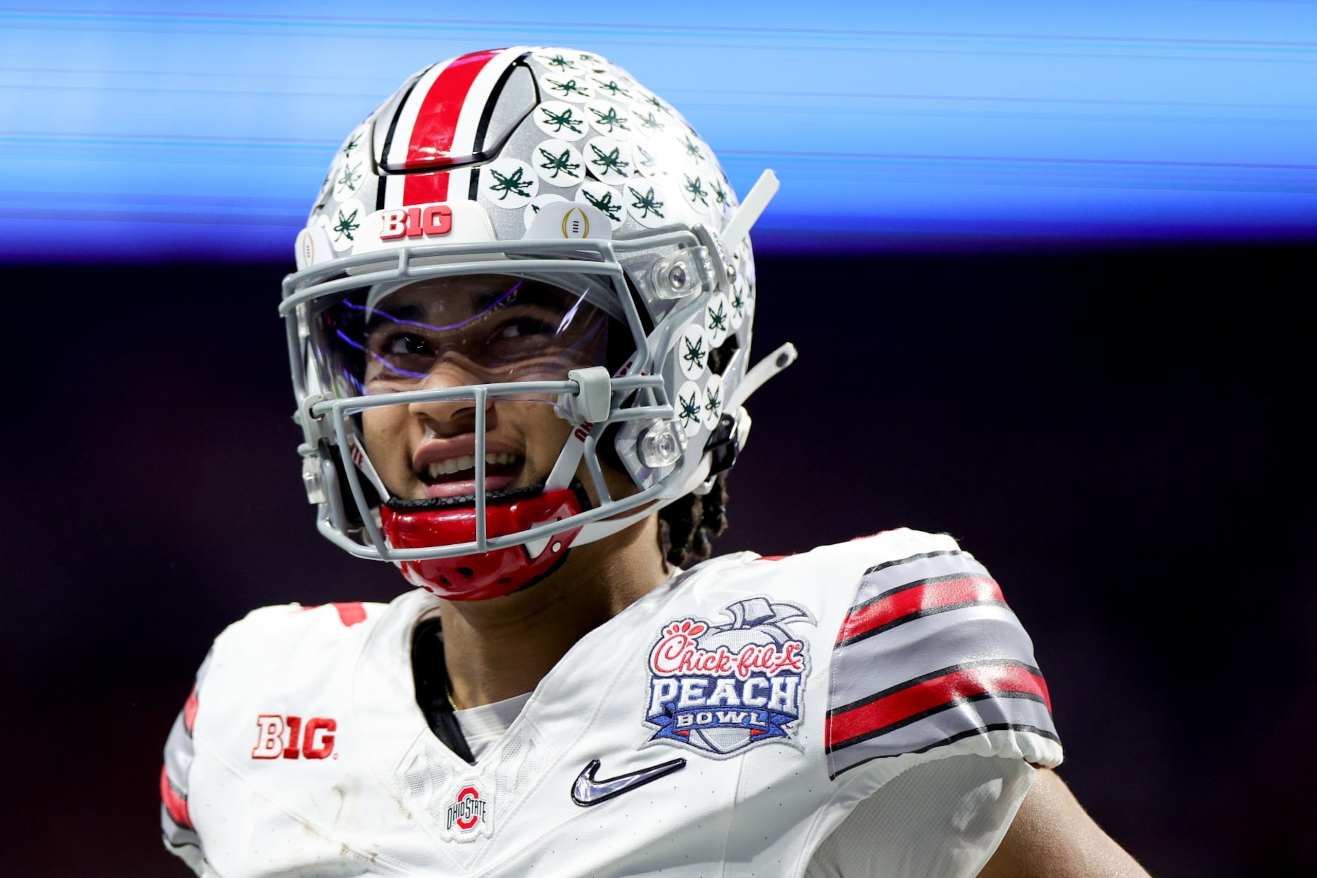 ATLANTA, GEORGIA - DECEMBER 31: C.J. Stroud #7 of the Ohio State Buckeyes is seen during the second quarter against the Georgia Bulldogs in the Chick-fil-A Peach Bowl at Mercedes-Benz Stadium on December 31, 2022 in Atlanta, Georgia. (Photo by Carmen Mandato/Getty Images)