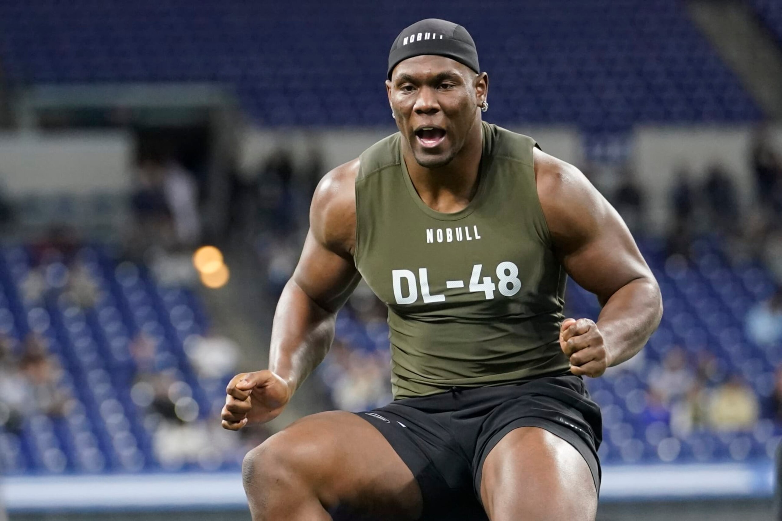 Georgia Tech defensive lineman Keion White runs a drill at the NFL football scouting combine in Indianapolis, Thursday, March 2, 2023. (AP Photo/Michael Conroy)