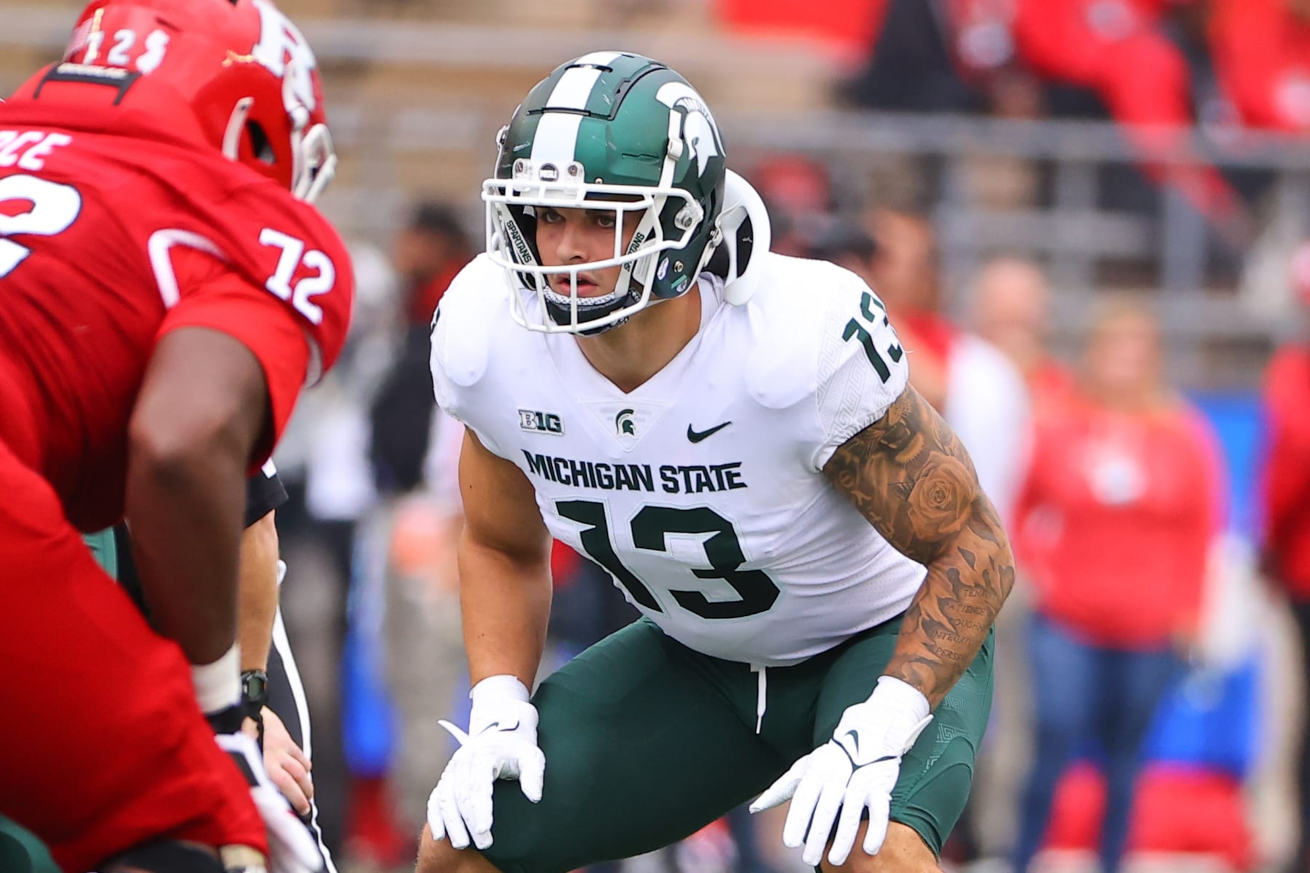PISCATAWAY, NJ - OCTOBER 09:  Michigan State Spartans linebacker Ben VanSumeren (13) during  the college football game between the Rutgers Scarlet Knights and the Michigan State Spartans on October 9, 2021 at SHI Stadium in Piscataway,NJ.   (Photo by Rich Graessle/Icon Sportswire via Getty Images)