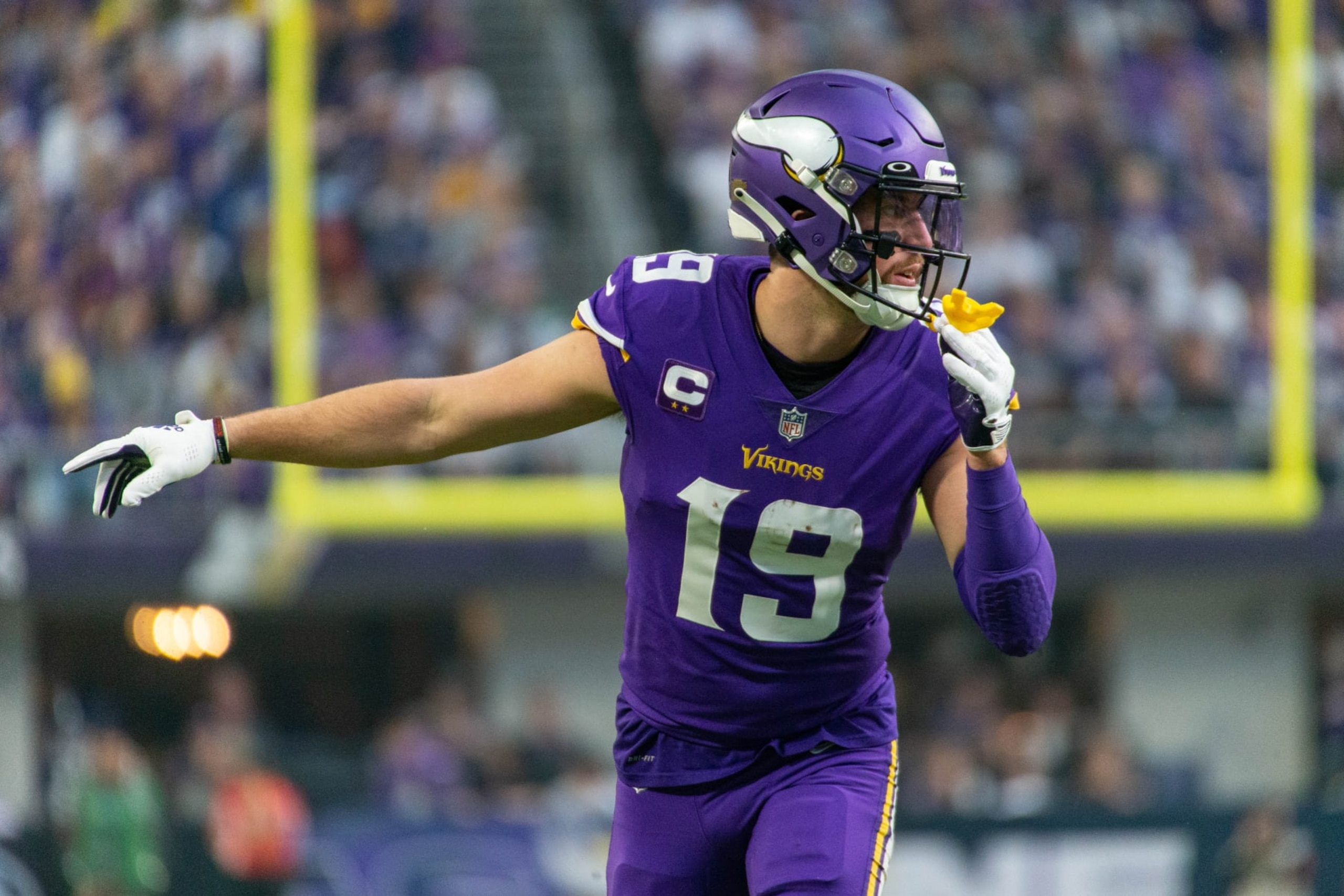 MINNEAPOLIS, MN - JANUARY 15: Minnesota Vikings wide receiver Adam Thielen (19) lines up for a play during the NFL game between the New York Giants and Minnesota Vikings on January 15th, 2023, at U.S. Bank Stadium in Minneapolis, MN. (Photo by Bailey Hillesheim/Icon Sportswire via Getty Images)