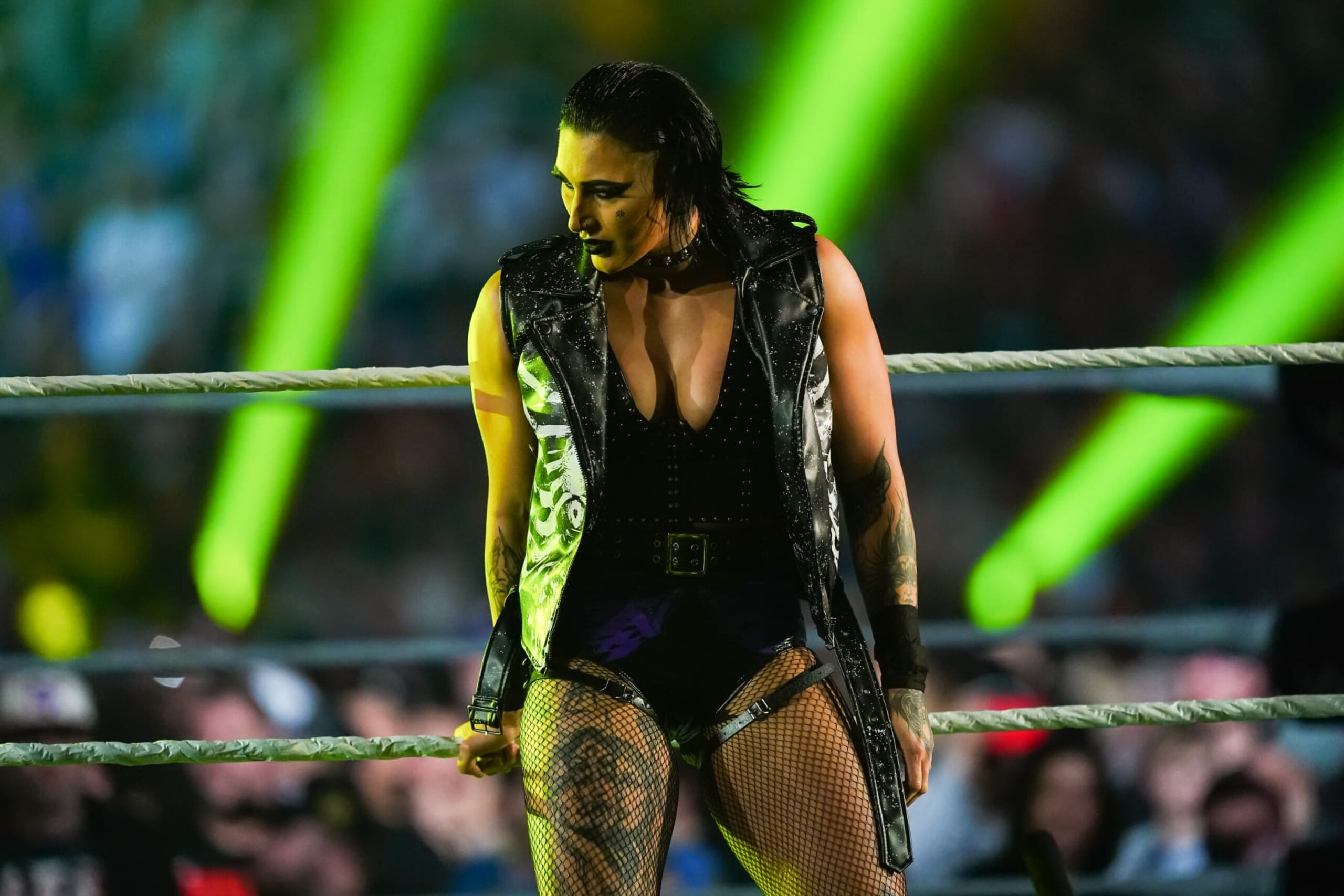 SAN ANTONIO, TEXAS - JANUARY 28: Rhea Ripley enters the ring during the WWE Royal Rumble at the Alamodome on January 28, 2023 in San Antonio, Texas. (Photo by Alex Bierens de Haan/Getty Images)