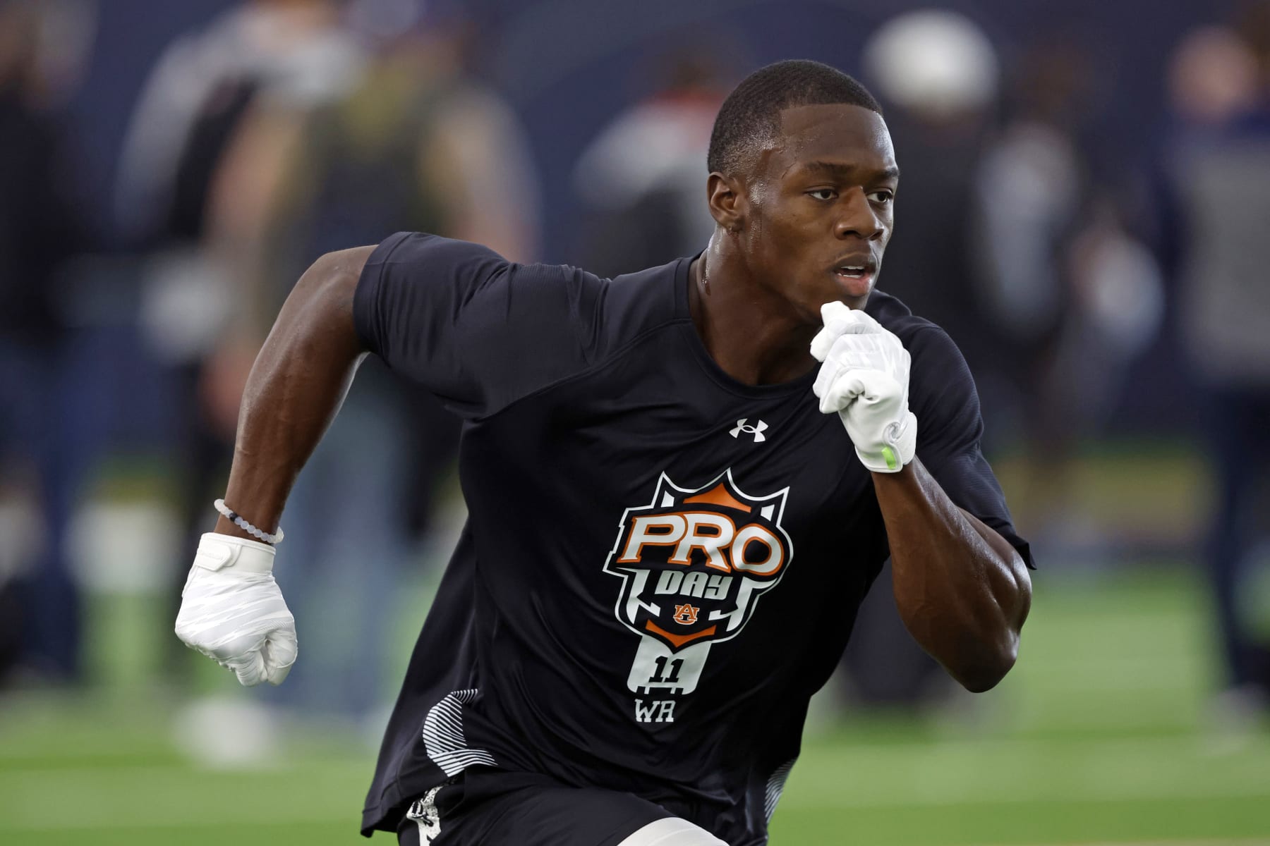 Auburn receiver Shedrick Jackson runs a route during Auburn Pro Day, Tuesday, March 21, 2023, in Auburn, Ala. (AP Photo/Butch Dill)