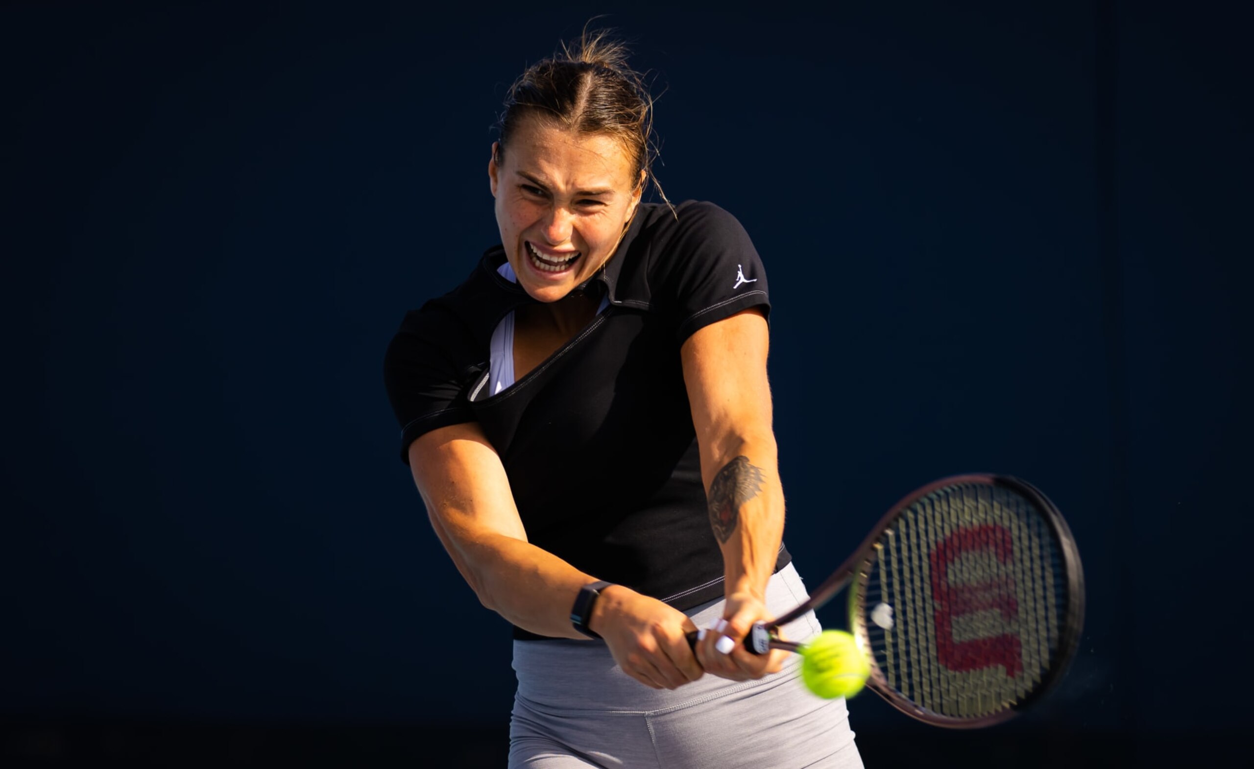 MIAMI GARDENS, FLORIDA - MARCH 21: Aryna Sabalenka of Belarus during practice on Day 3 of the Miami Open at Hard Rock Stadium on March 21, 2023 in Miami Gardens, Florida (Photo by Robert Prange/Getty Images)