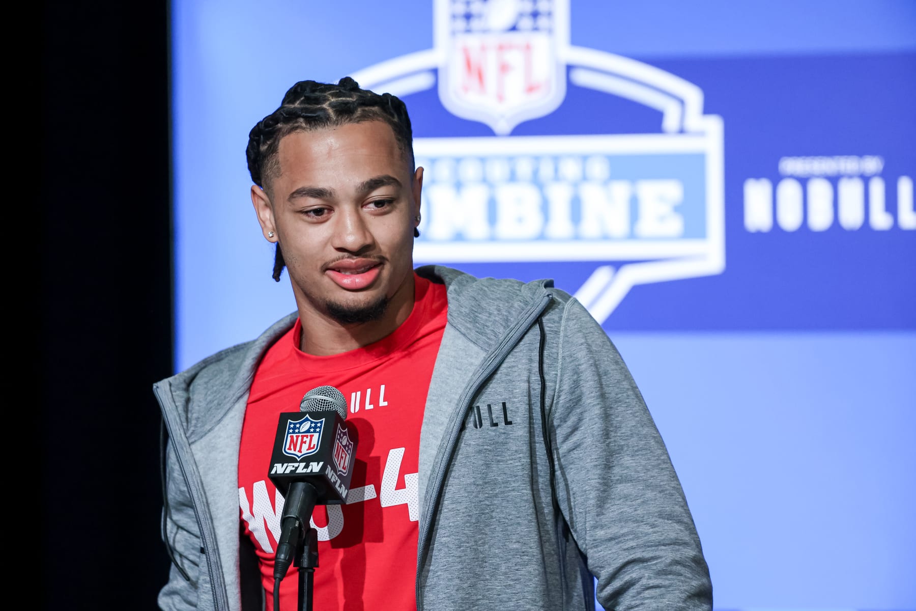 INDIANAPOLIS, IN - MARCH 03: Wide out Jaxon SmithNjigba of Ohio State speaks to the media during the NFL Combine at Lucas Oil Stadium on March 3, 2023 in Indianapolis, Indiana. (Photo by Michael Hickey/Getty Images)