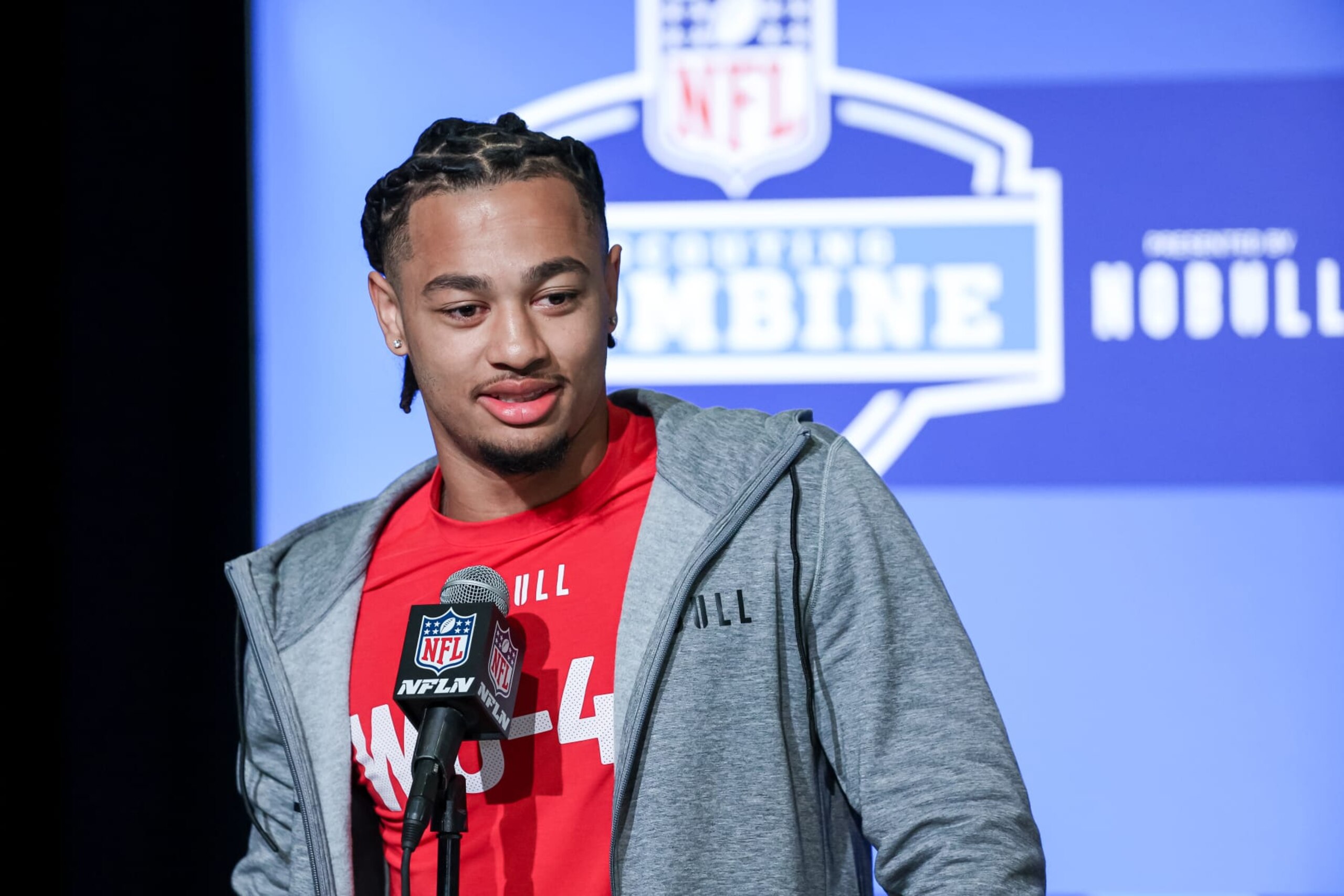 INDIANAPOLIS, IN - MARCH 03: Wide out Jaxon SmithNjigba of Ohio State speaks to the media during the NFL Combine at Lucas Oil Stadium on March 3, 2023 in Indianapolis, Indiana. (Photo by Michael Hickey/Getty Images)
