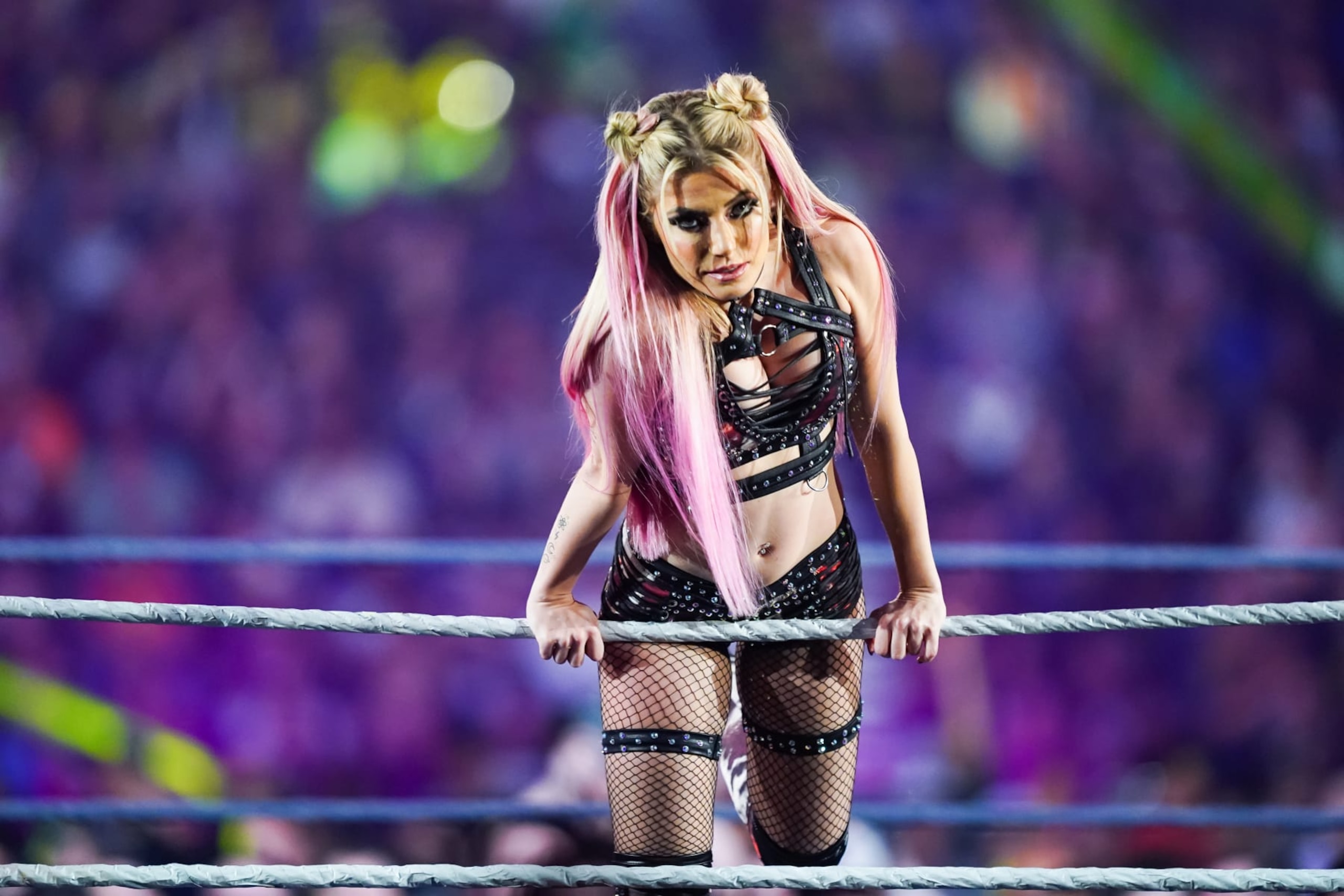 SAN ANTONIO, TEXAS - JANUARY 28: Alexa Bliss is introduced prior to the Raw Women's championship during the WWE Royal Rumble event at the Alamodome on January 28, 2023 in San Antonio, Texas. (Photo by Alex Bierens de Haan/Getty Images)