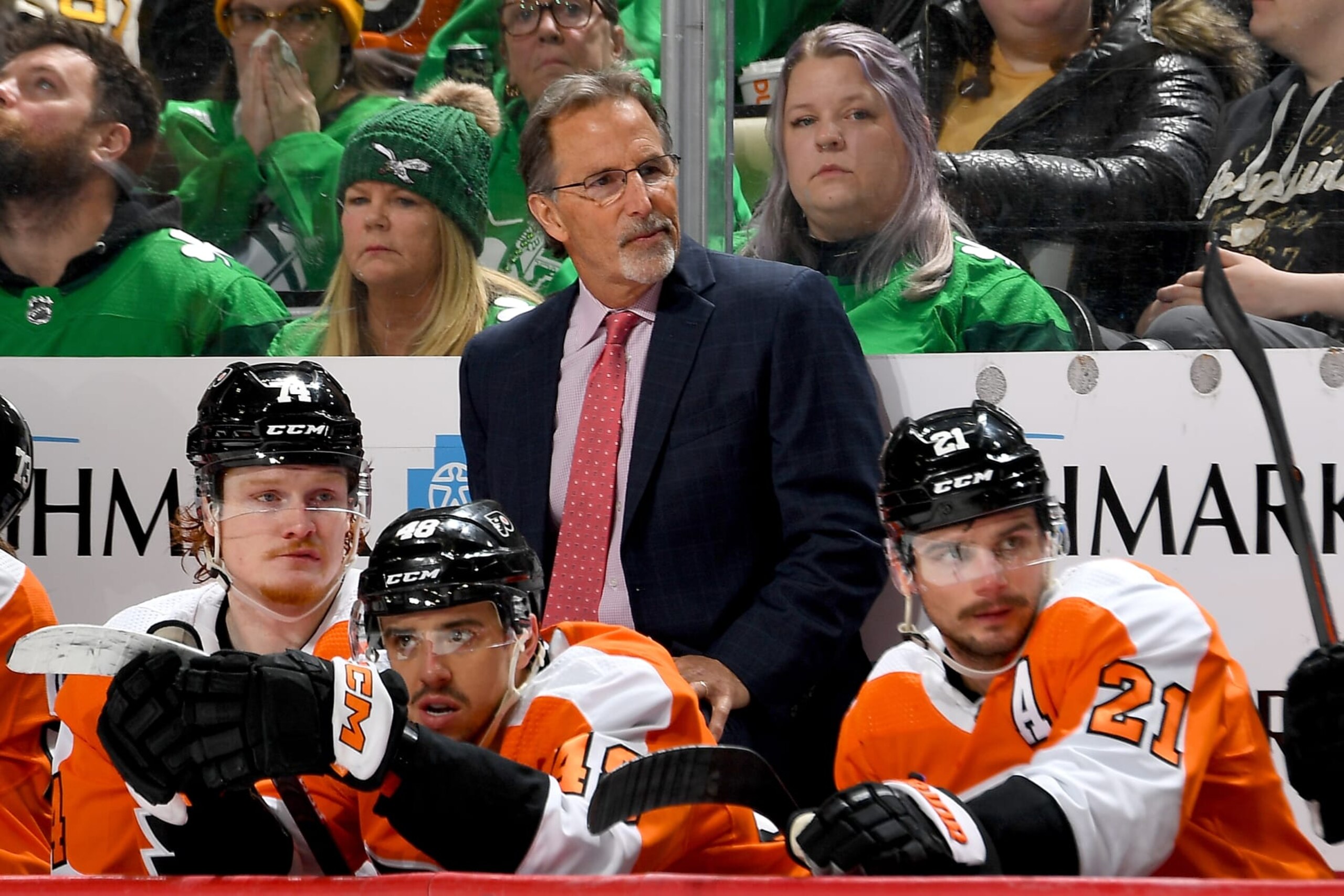 PITTSBURGH, PA - MARCH 11:  John Tortorella of the Philadelphia Flyers looks on against the Pittsburgh Penguins at PPG PAINTS Arena on March 11, 2023 in Pittsburgh, Pennsylvania. (Photo by Joe Sargent/NHLI via Getty Images)