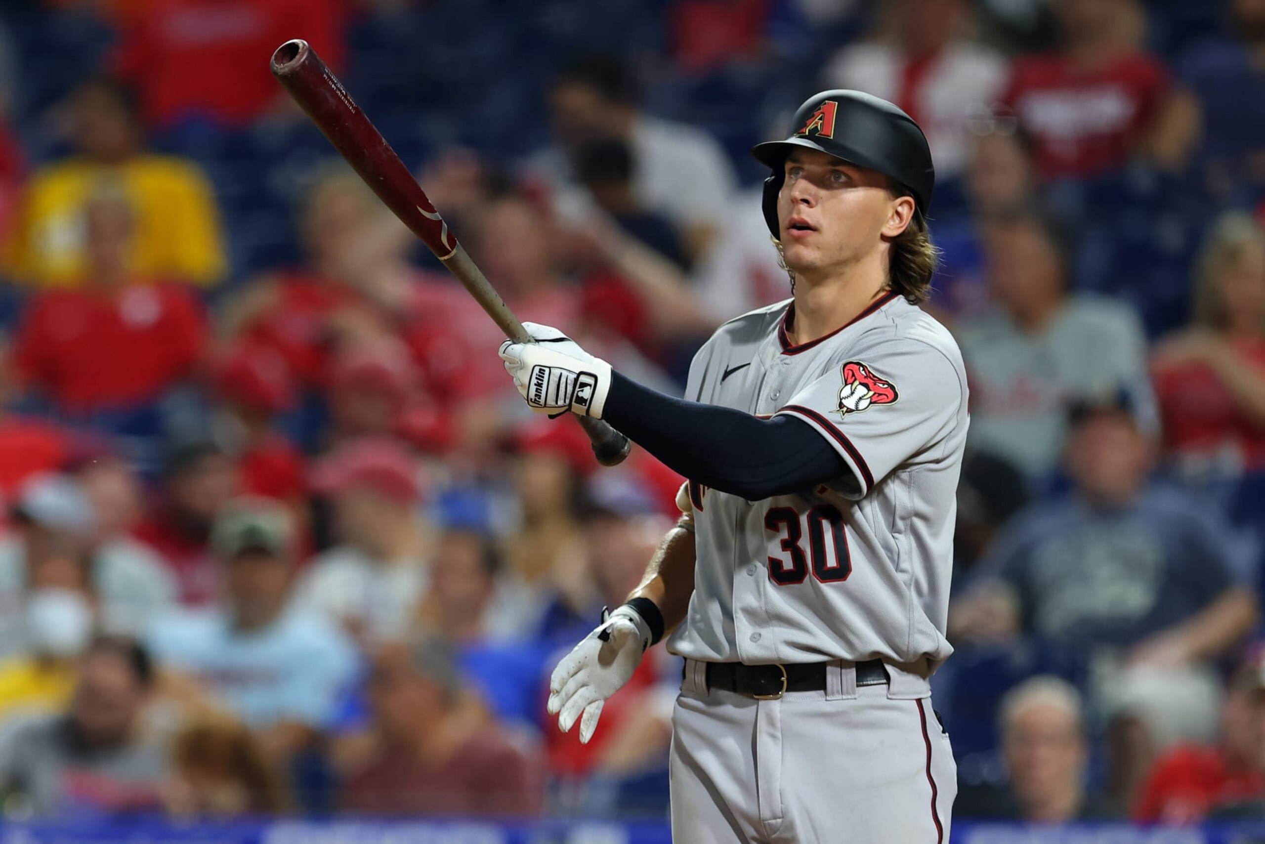 PHILADELPHIA, PA - AUGUST 27: Jake McCarthy #30 of the Arizona Diamondbacks in action against the Philadelphia Phillies during a game at Citizens Bank Park on August 27, 2021 in Philadelphia, Pennsylvania. (Photo by Rich Schultz/Getty Images)