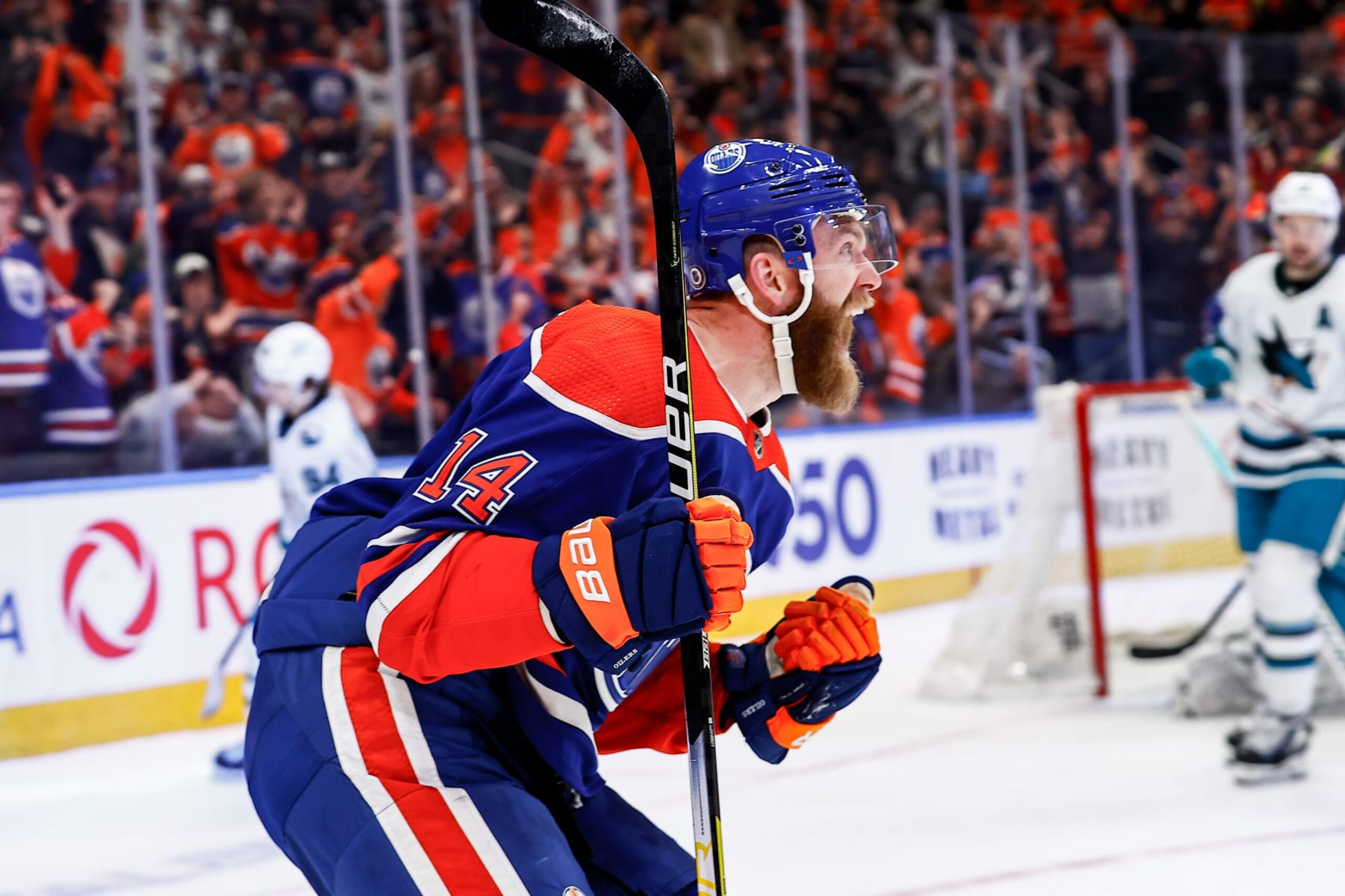 EDMONTON, AB - MARCH 20: Edmonton Oilers Defenceman Mattias Ekholm (14) celebrates his second goal of the game in the third period of the Edmonton Oilers game versus the San Jose Sharks on March 20, 2023 at Rogers Place in Edmonton, AB. (Photo by Curtis Comeau/Icon Sportswire via Getty Images)