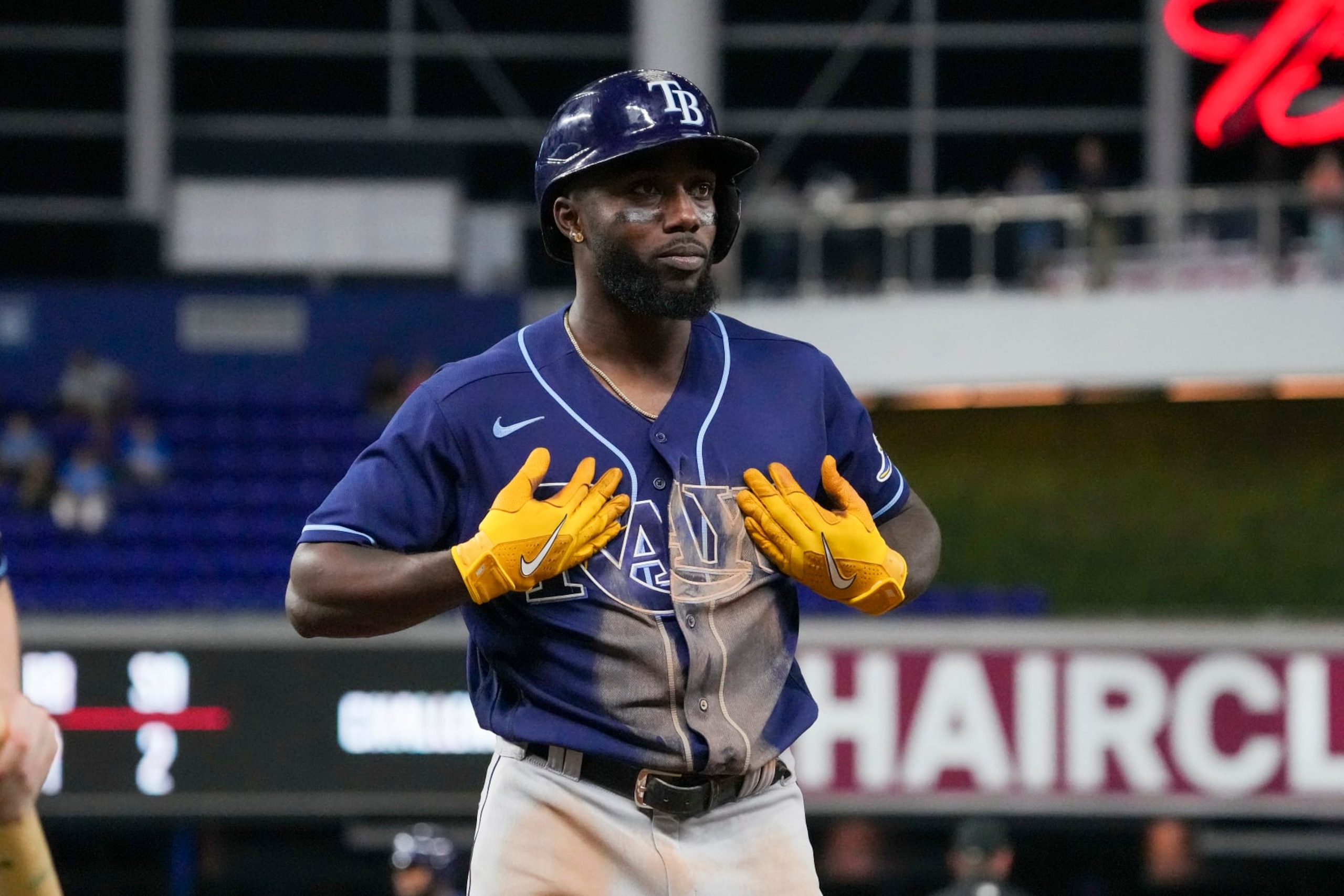 MIAMI, FLORIDA - AUGUST 31: Randy Arozarena #56 of the Tampa Bay Rays celebrates hitting a single in the 10th inning against the Miami Marlins at loanDepot park on August 31, 2022 in Miami, Florida. (Photo by Eric Espada/Getty Images)