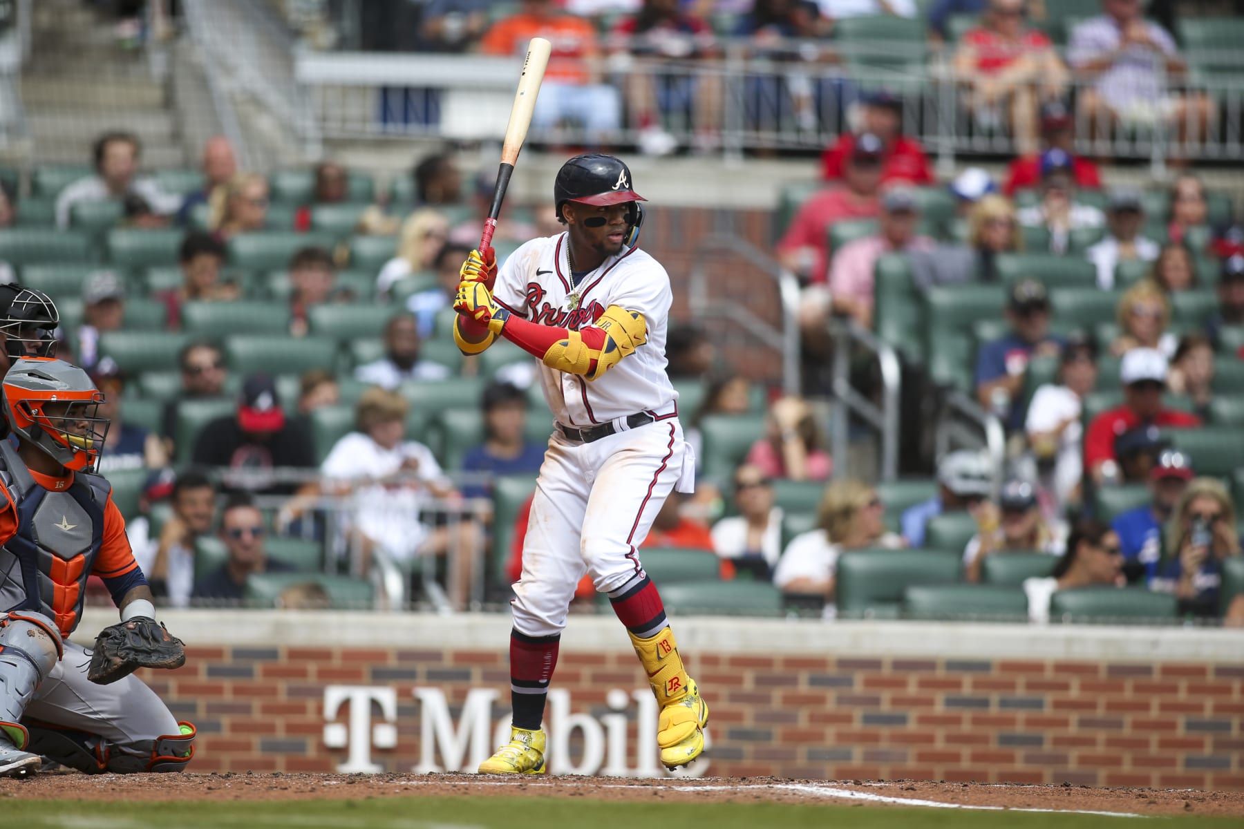 ATLANTA, GA - AUGUST 21: Ronald Acuna Jr. #13 of the Atlanta Braves against the Houston Astros in the fifth inning at Truist Park on August 21, 2022 in Atlanta, Georgia. (Photo by Brett Davis/Getty Images)