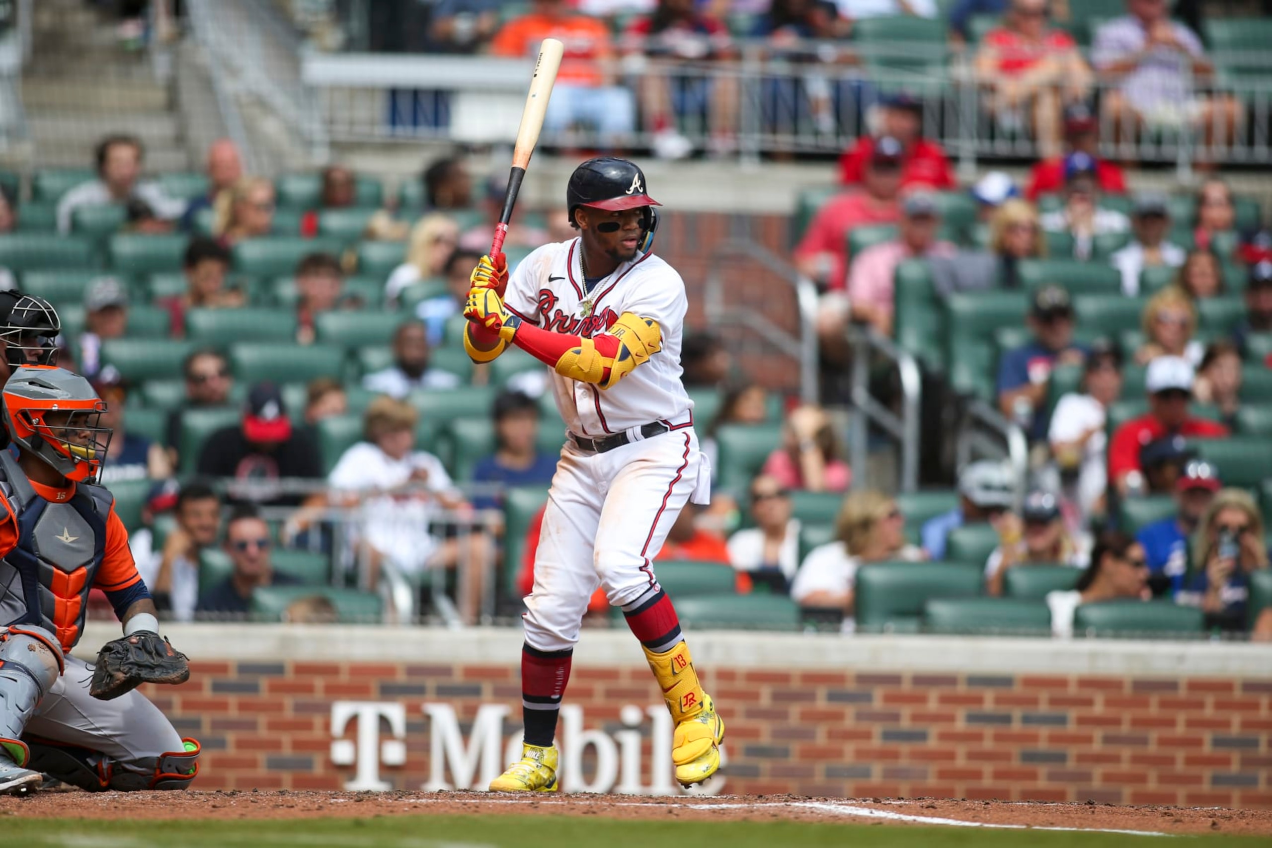 ATLANTA, GA - AUGUST 21: Ronald Acuna Jr. #13 of the Atlanta Braves against the Houston Astros in the fifth inning at Truist Park on August 21, 2022 in Atlanta, Georgia. (Photo by Brett Davis/Getty Images)