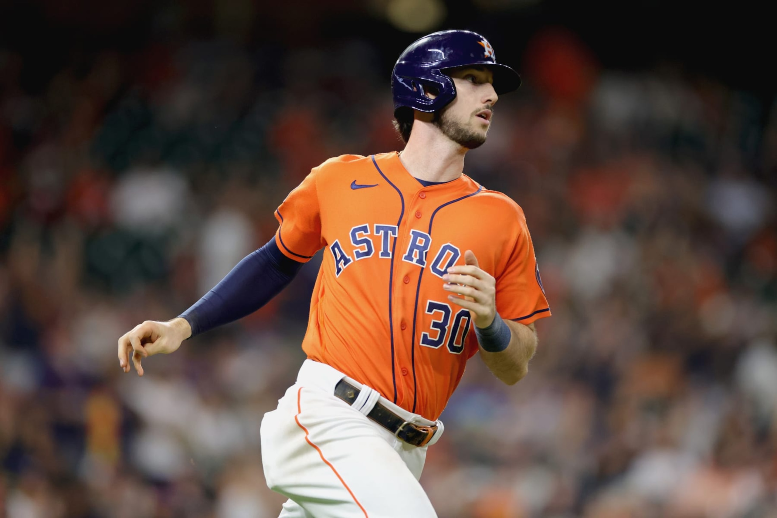HOUSTON, TEXAS - AUGUST 26: Kyle Tucker #30 of the Houston Astros singles during the fourth inning against the Baltimore Orioles at Minute Maid Park on August 26, 2022 in Houston, Texas. (Photo by Carmen Mandato/Getty Images)