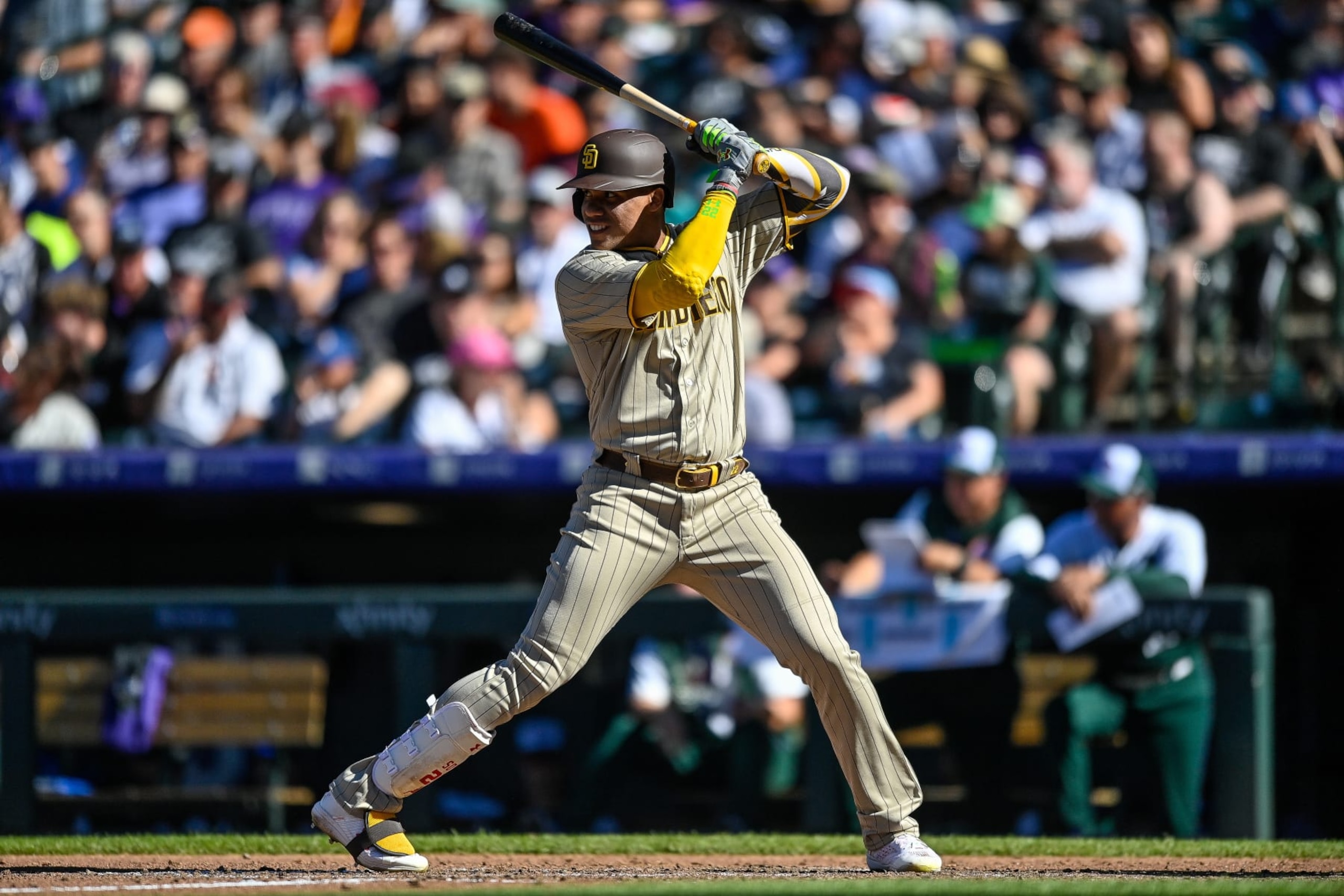 DENVER, CO - SEPTEMBER 25: Juan Soto #22 of the San Diego Padres bats against the Colorado Rockies in the fifth inning of a game at Coors Field on September 25, 2022 in Denver, Colorado. (Photo by Dustin Bradford/Getty Images)