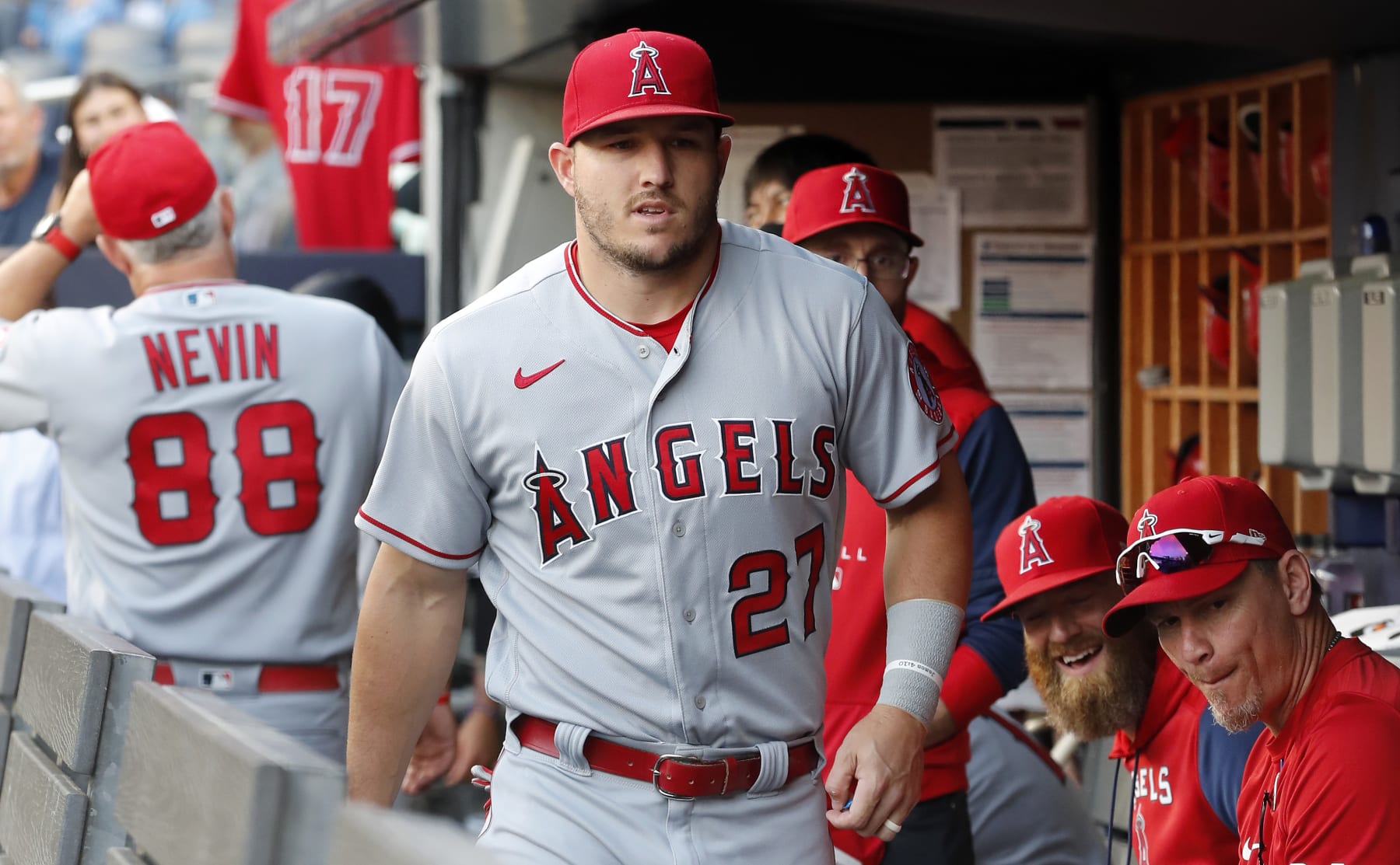 NEW YORK, NEW YORK - MAY 31: (NEW YORK DAILIES OUT)  Mike Trout #27 of the Los Angeles Angels looks on before a game against the New York Yankees at Yankee Stadium on May 31, 2022 in New York City. The Yankees defeated the Angels 9-1. (Photo by Jim McIsaac/Getty Images)