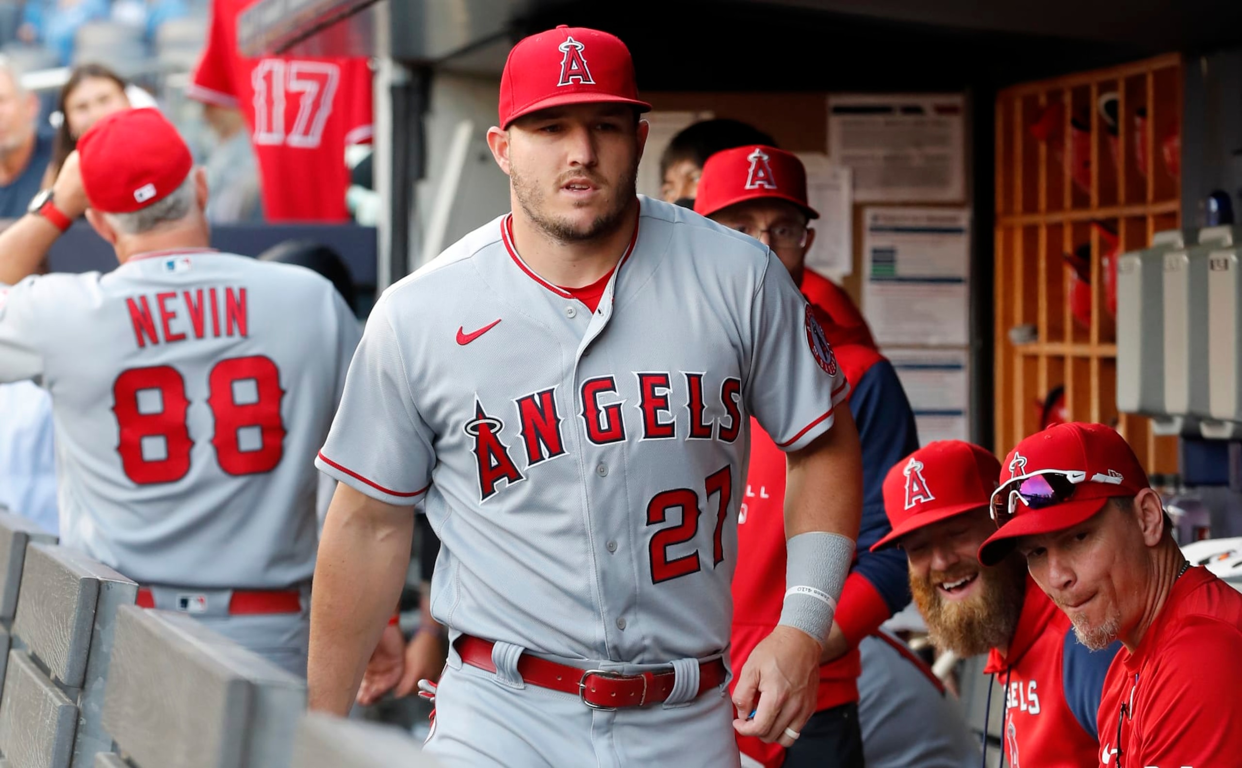 NEW YORK, NEW YORK - MAY 31: (NEW YORK DAILIES OUT)  Mike Trout #27 of the Los Angeles Angels looks on before a game against the New York Yankees at Yankee Stadium on May 31, 2022 in New York City. The Yankees defeated the Angels 9-1. (Photo by Jim McIsaac/Getty Images)