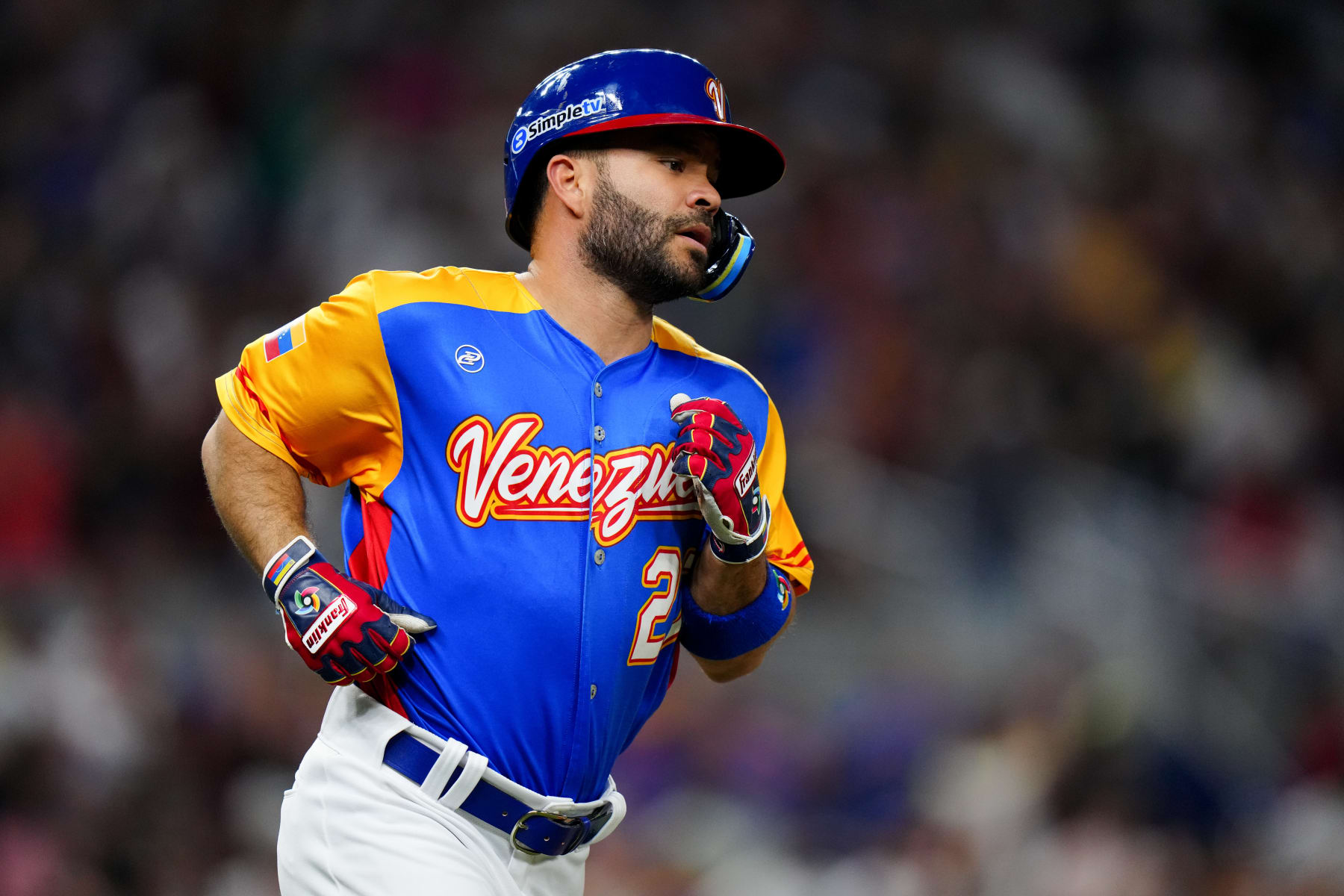 MIAMI, FL - MARCH 18:   Jose Altuve #27 of Team Venezuela singles in the first inning during the 2023 World Baseball Classic Quarterfinal game between Team USA and Team Venezuela at loanDepot Park on Saturday, March 18, 2023 in Miami, Florida. (Photo by Daniel Shirey/WBCI/MLB Photos via Getty Images)