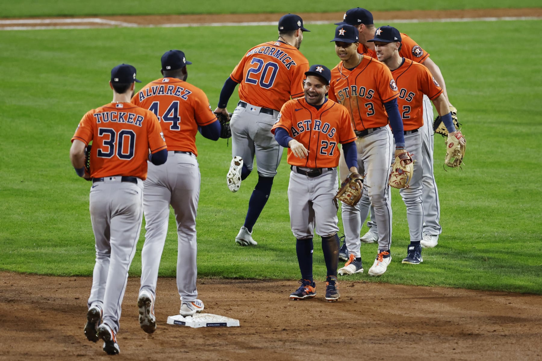 PHILADELPHIA, PA - NOVEMBER 03: Members of the Houston Astros celebrate after defeating the Philadelphia Phillies in Game 5 of the 2022 World Series at Citizens Bank Park on Thursday, November 3, 2022 in Philadelphia, Pennsylvania. (Photo by Brian Garfinkel/MLB Photos via Getty Images)