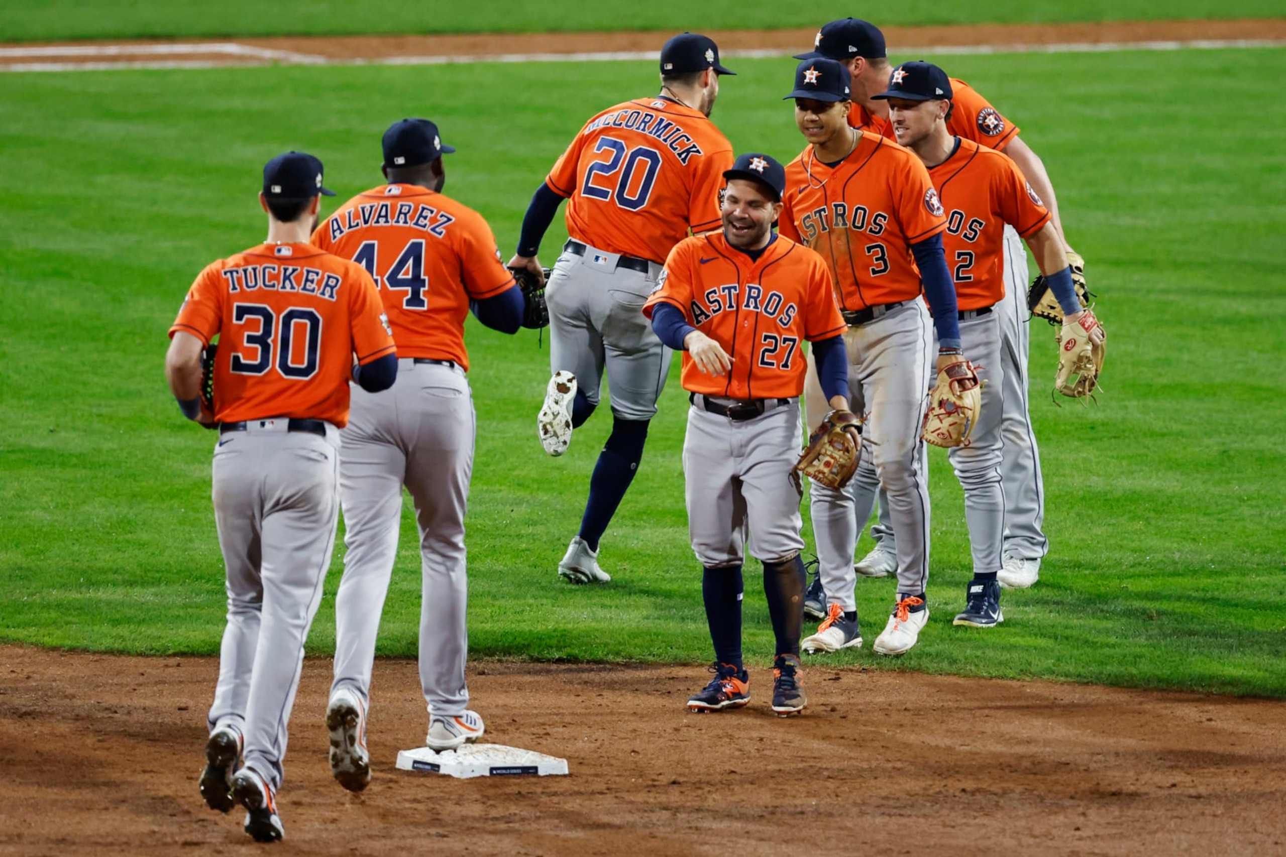 PHILADELPHIA, PA - NOVEMBER 03: Members of the Houston Astros celebrate after defeating the Philadelphia Phillies in Game 5 of the 2022 World Series at Citizens Bank Park on Thursday, November 3, 2022 in Philadelphia, Pennsylvania. (Photo by Brian Garfinkel/MLB Photos via Getty Images)
