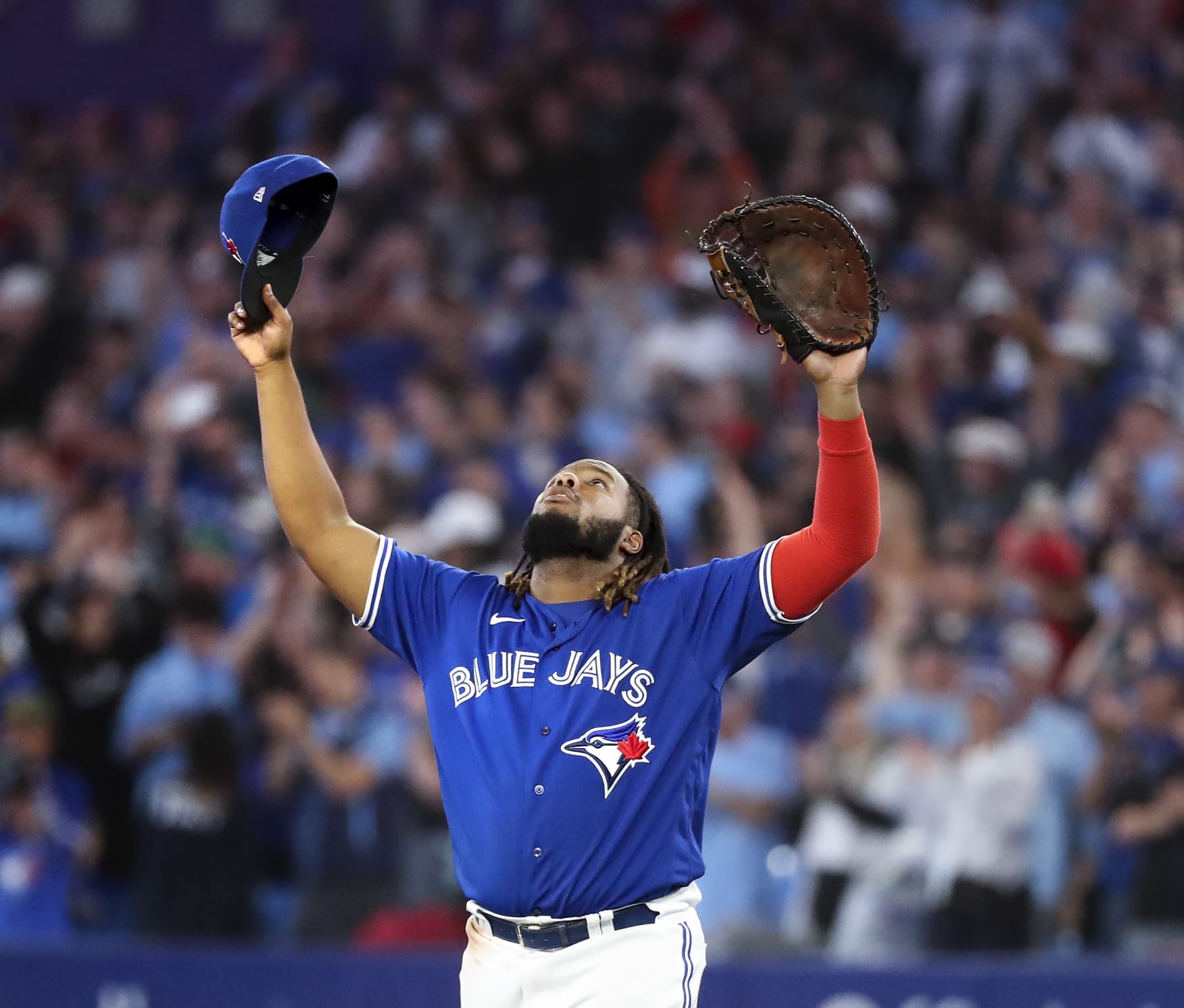TORONTO, ON - October 2 - at the end of the game, the Jays Vladimir Guerrero Jr. celebrates.
The Toronto Blue Jays beat the Boston Red Sox 6-3 in MLB baseball action at the Rogers Centre in the Jays last regular home game of the season. 
October 2 2022        (Richard Lautens/Toronto Star via Getty Images)