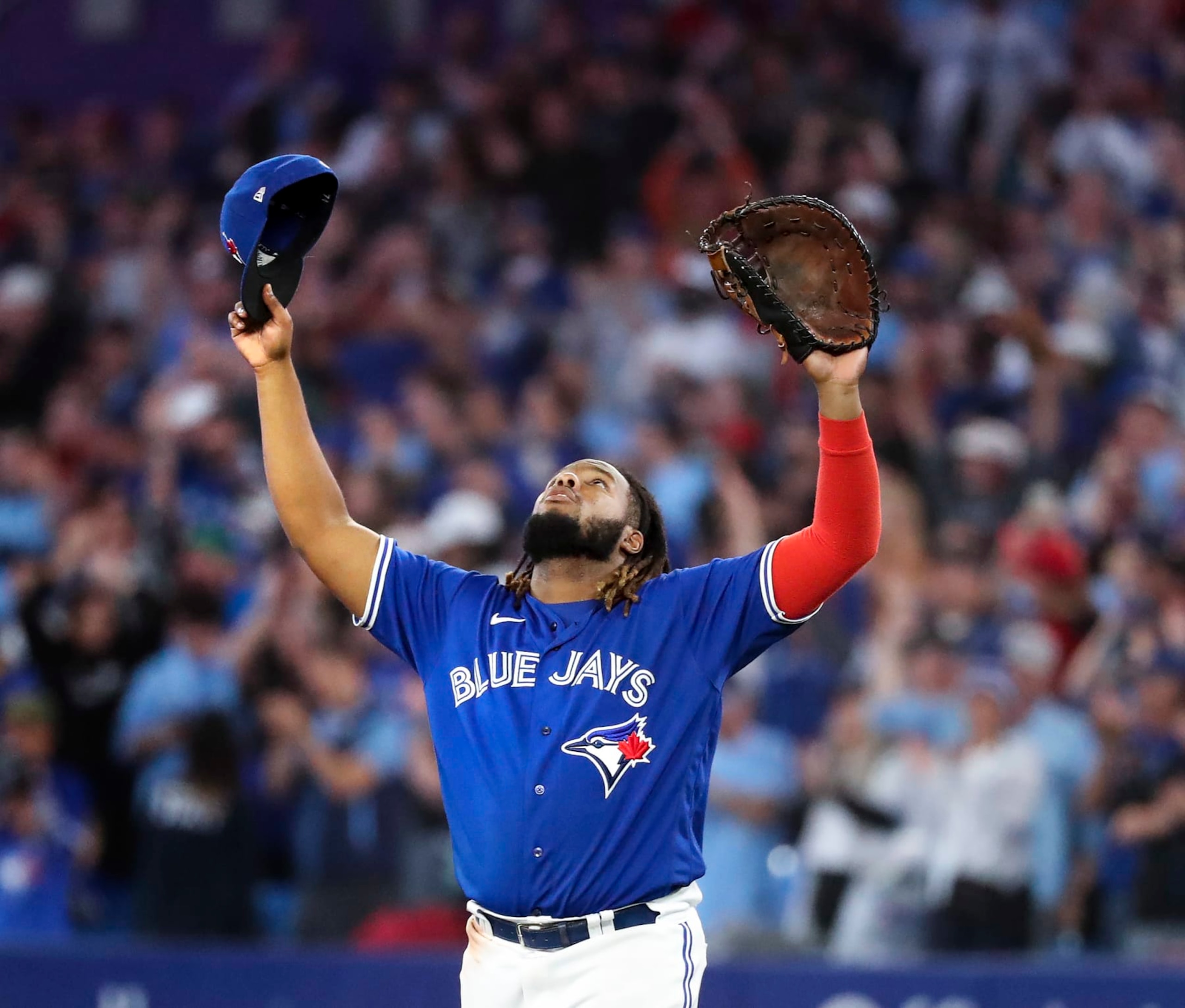 TORONTO, ON - October 2 - at the end of the game, the Jays Vladimir Guerrero Jr. celebrates.
The Toronto Blue Jays beat the Boston Red Sox 6-3 in MLB baseball action at the Rogers Centre in the Jays last regular home game of the season. 
October 2 2022        (Richard Lautens/Toronto Star via Getty Images)