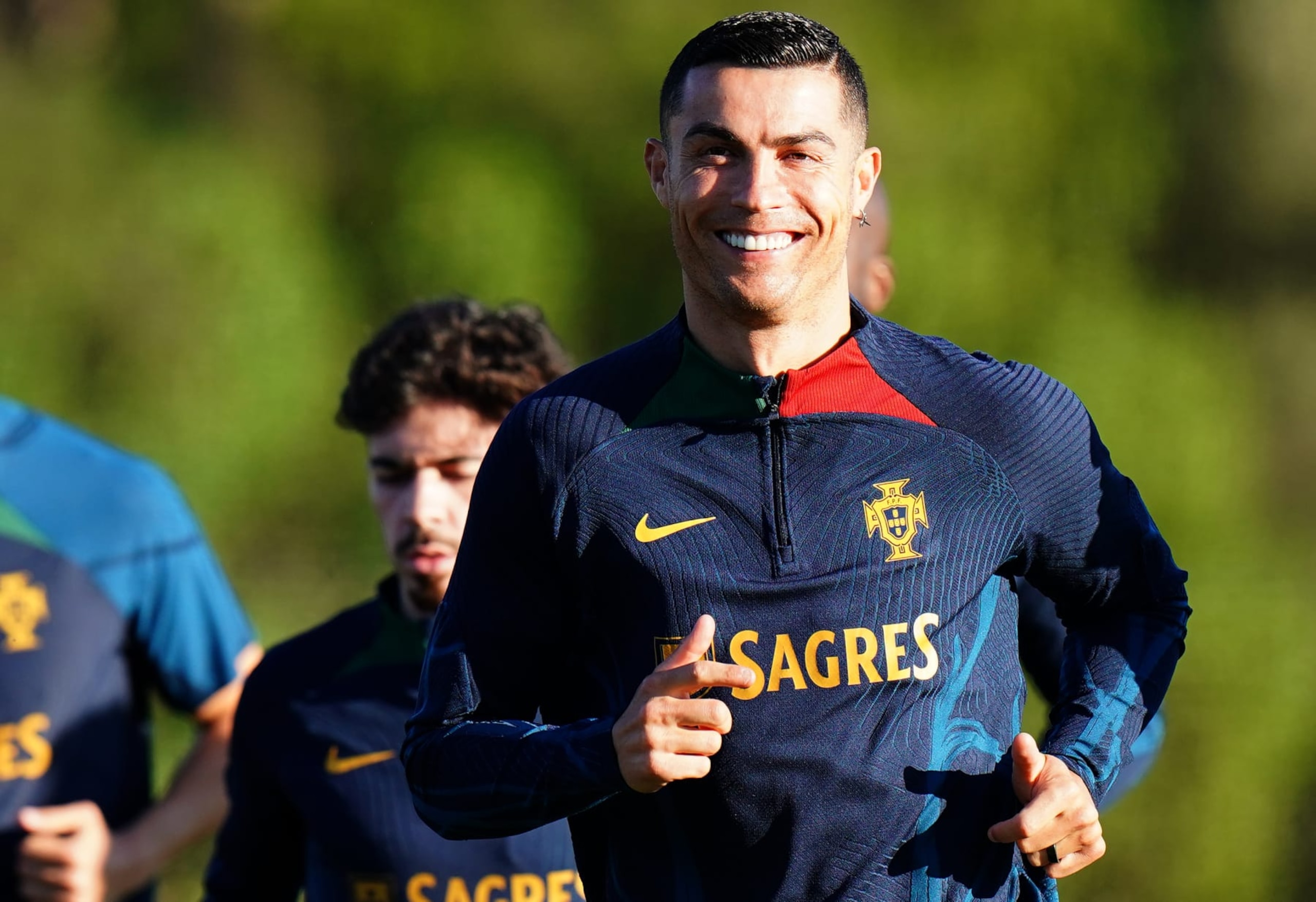 OEIRAS, PORTUGAL - MARCH 21: Cristiano Ronaldo of Portugal in action during the Portugal National Team Training Session at Cidade do Futebol FPF on March 21, 2023 in Oeiras, Portugal.  (Photo by Gualter Fatia/Getty Images)