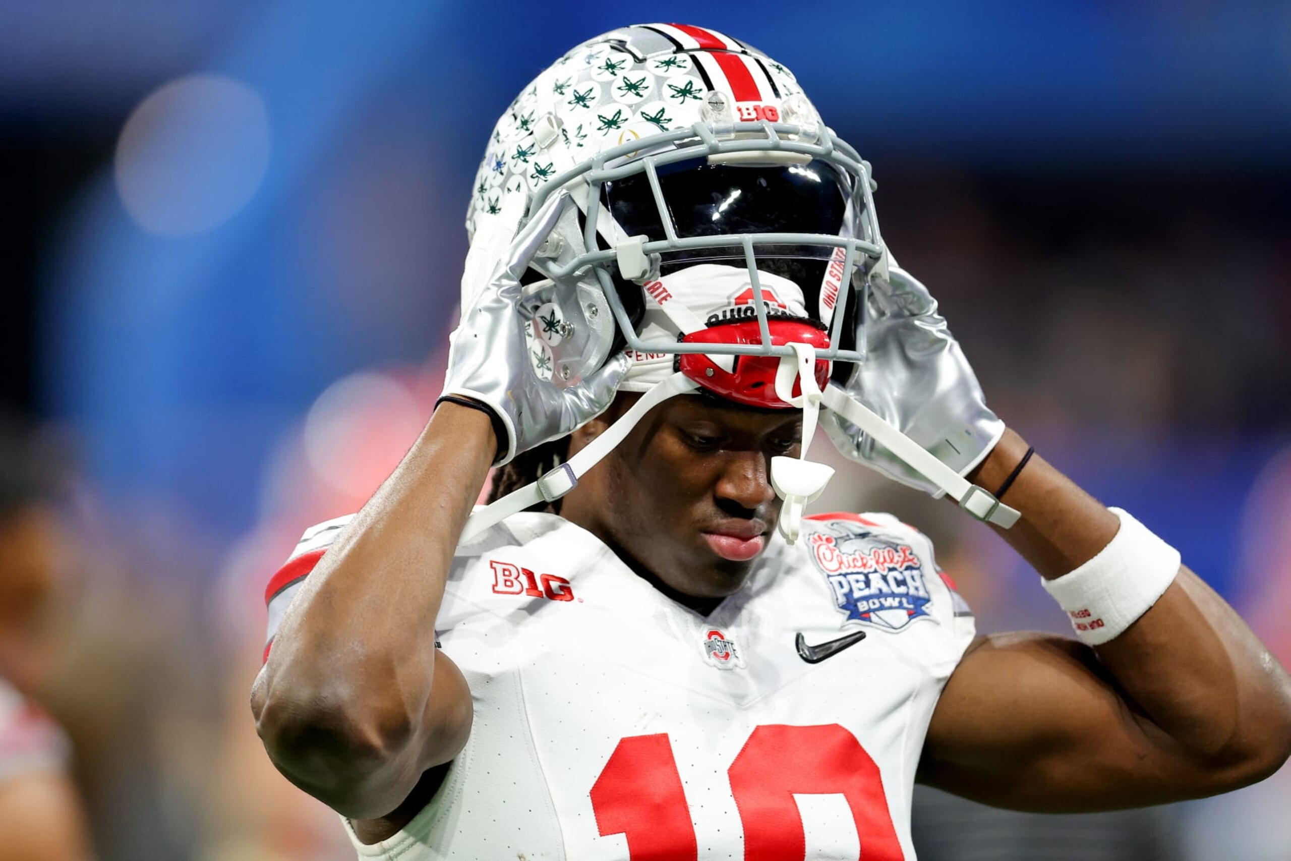 ATLANTA, GEORGIA - DECEMBER 31: Marvin Harrison Jr. #18 of the Ohio State Buckeyes warms up prior to a game against the Georgia Bulldogs in the Chick-fil-A Peach Bowl at Mercedes-Benz Stadium on December 31, 2022 in Atlanta, Georgia. (Photo by Kevin C. Cox/Getty Images)