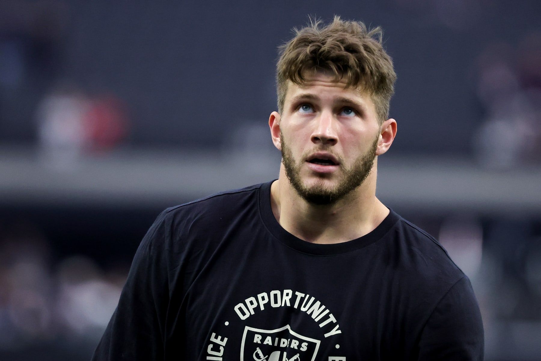 LAS VEGAS, NEVADA - DECEMBER 18: Foster Moreau #87 of the Las Vegas Raiders reacts before a game against the New England Patriots at Allegiant Stadium on December 18, 2022 in Las Vegas, Nevada. (Photo by Ethan Miller/Getty Images)