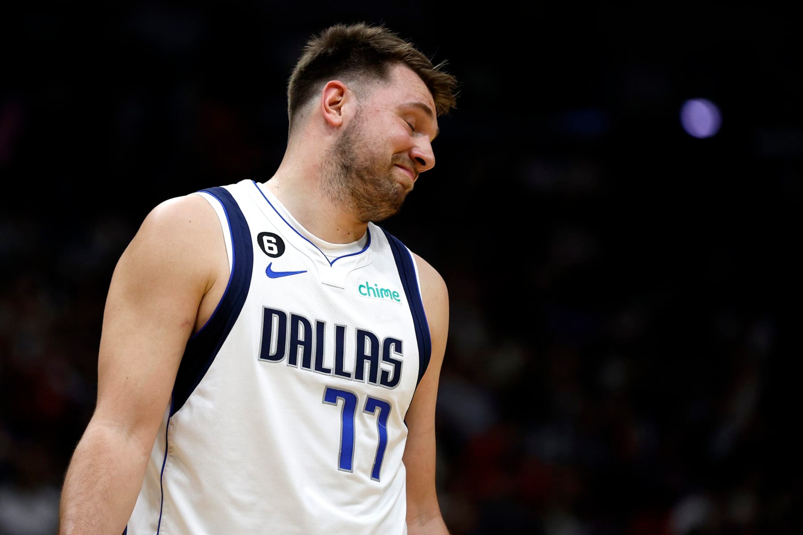 NEW ORLEANS, LOUISIANA - MARCH 08: Luka Doncic #77 of the Dallas Mavericks reacts to a call during the first quarter of an NBA game against the New Orleans Pelicans at Smoothie King Center on March 08, 2023 in New Orleans, Louisiana. NOTE TO USER: User expressly acknowledges and agrees that, by downloading and or using this photograph, User is consenting to the terms and conditions of the Getty Images License Agreement. (Photo by Sean Gardner/Getty Images)