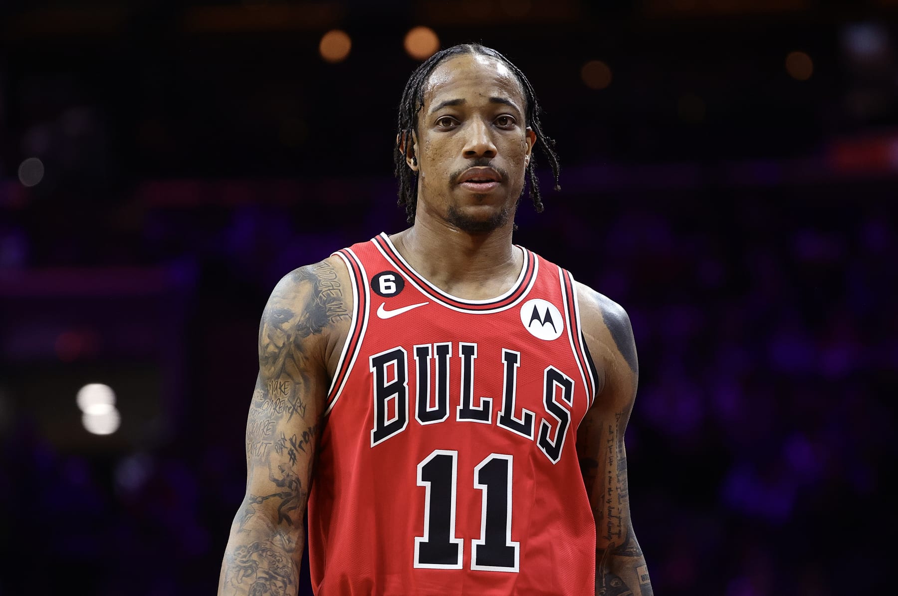 PHILADELPHIA, PENNSYLVANIA - MARCH 20: DeMar DeRozan #11 of the Chicago Bulls looks on during the first quarter against the Philadelphia 76ers at Wells Fargo Center on March 20, 2023 in Philadelphia, Pennsylvania. NOTE TO USER: User expressly acknowledges and agrees that, by downloading and or using this photograph, User is consenting to the terms and conditions of the Getty Images License Agreement. (Photo by Tim Nwachukwu/Getty Images) (Photo by Tim Nwachukwu/Getty Images)